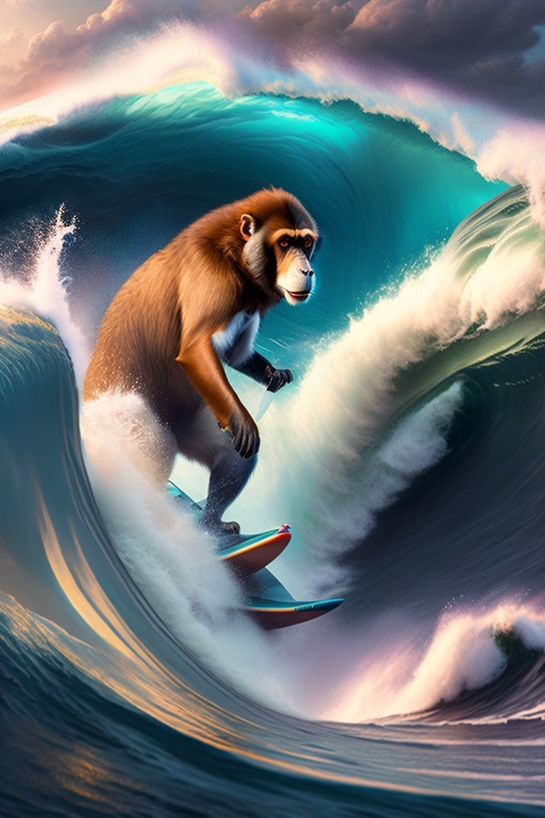 Lexica - A giant monkey surfing a giant wave, wearing a dress during a ...