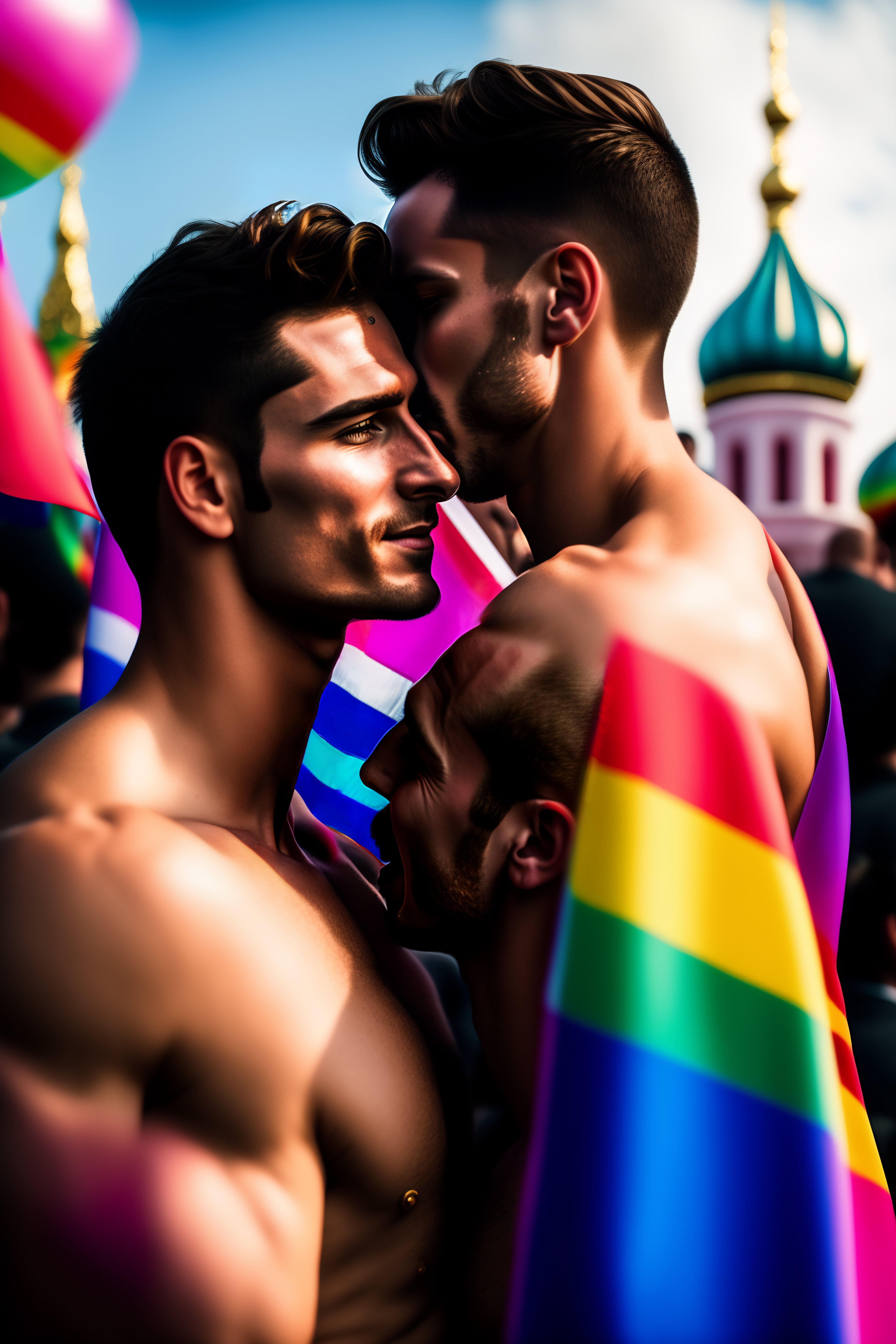 Lexica - Photorealistic real human faces effeminate russian male gay couple  wearing pink underpants and fancy glasses kissing at pride parade with pr...