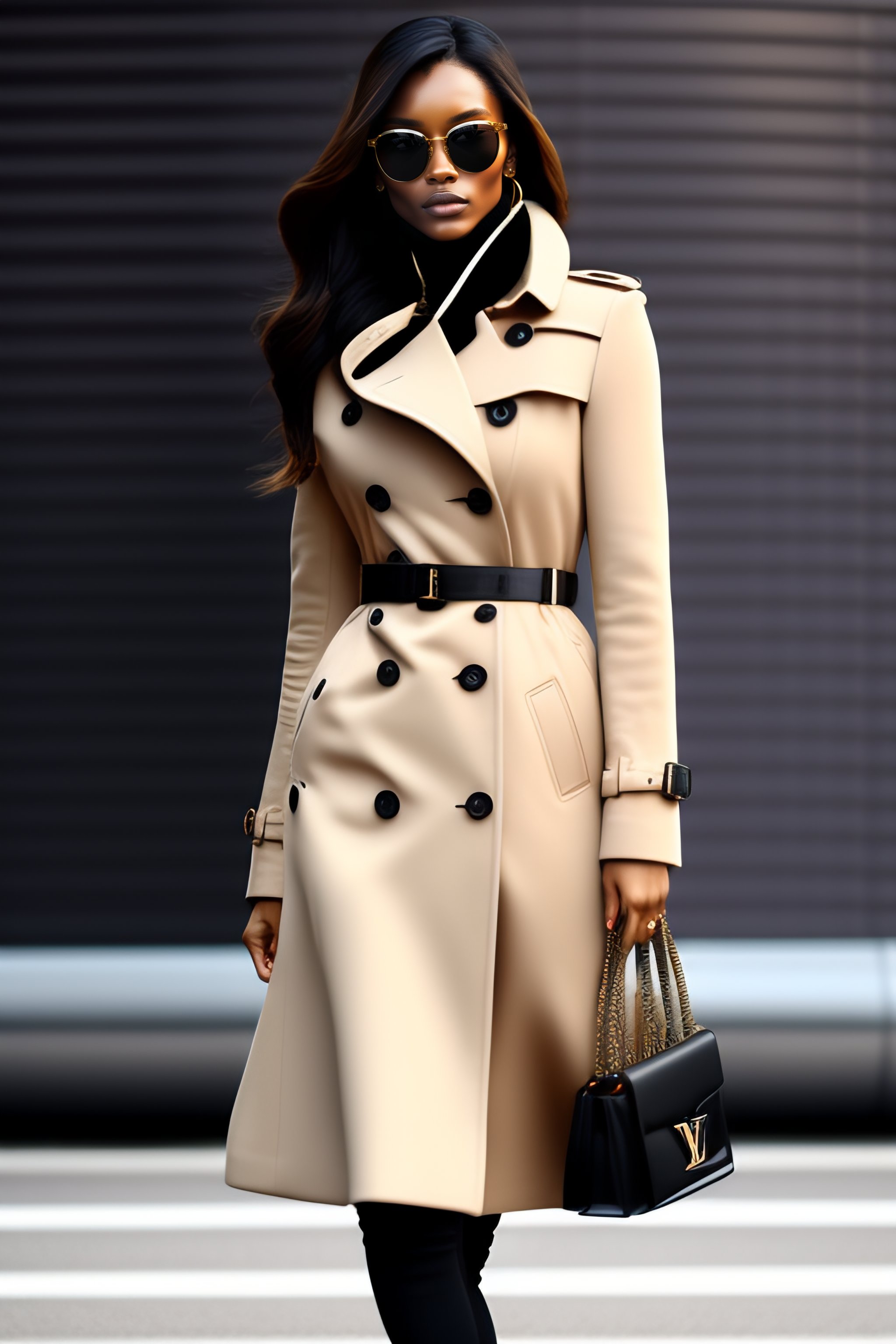 badning Forskellige Misforstå Lexica - Woman with square sunglasses wearing an open black Burberry trench  coat, from the right shoulder hangs a Louis Vuitton shopper style handba...