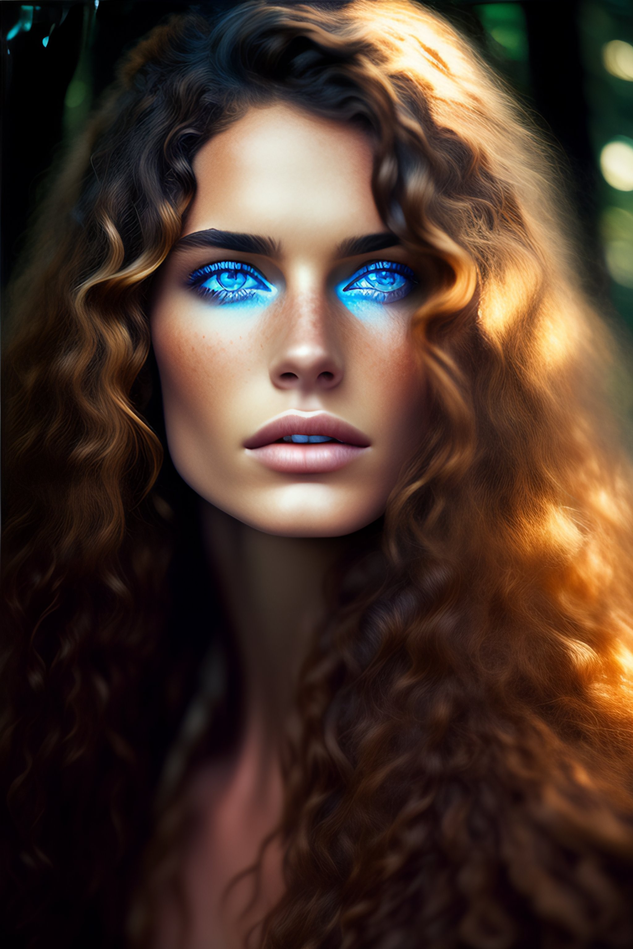 Lexica Brunette Wild Hair Blue Eyes Freckles Forest Woman