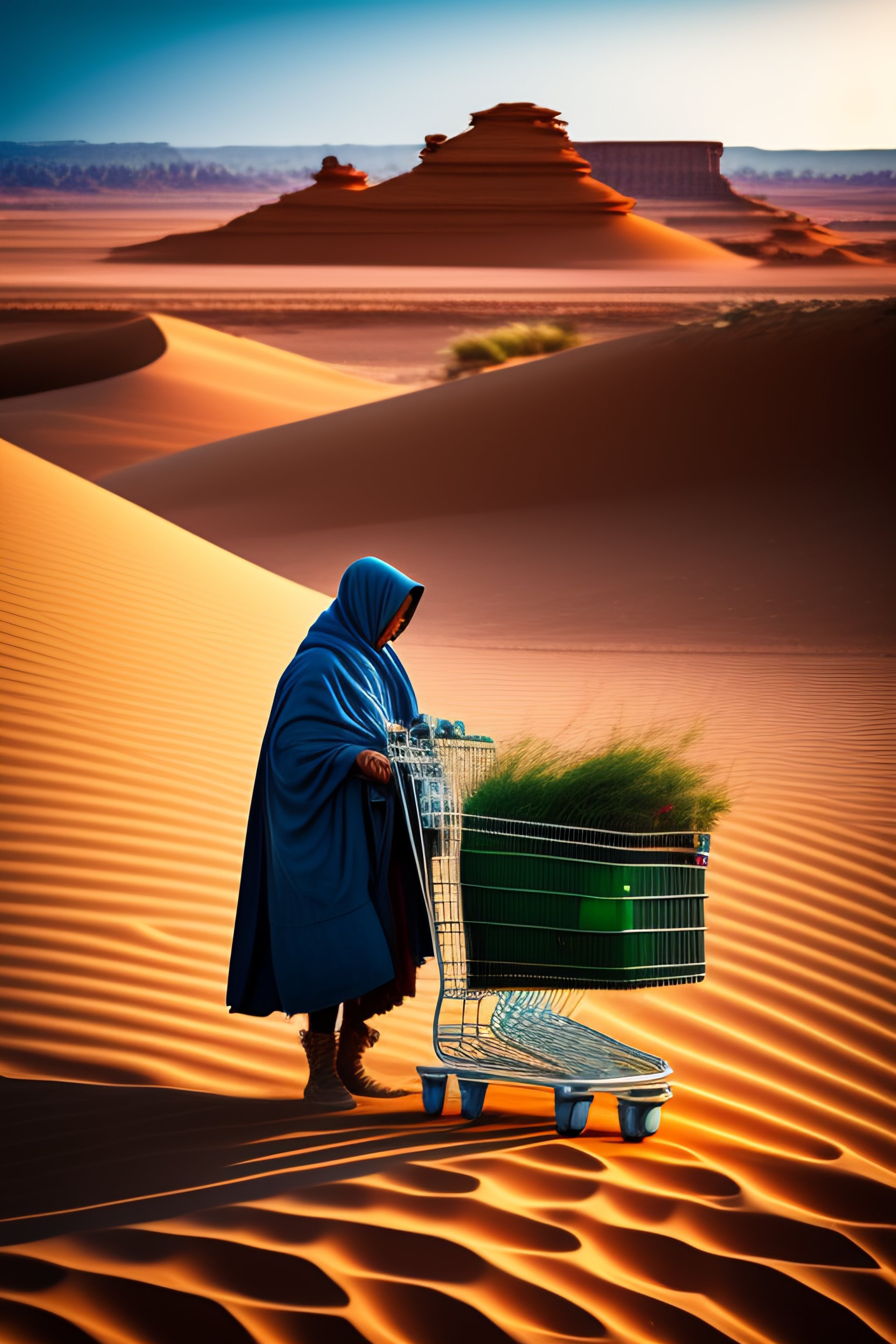 Lexica - Homeless woman with a shopping cart in the desert