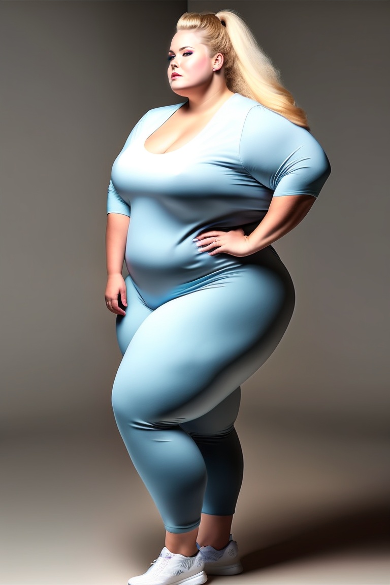 Lexica - Swedish plus size model with huge hips, blonde hair, big thighs,  wearing sweatpants, viewed from the side