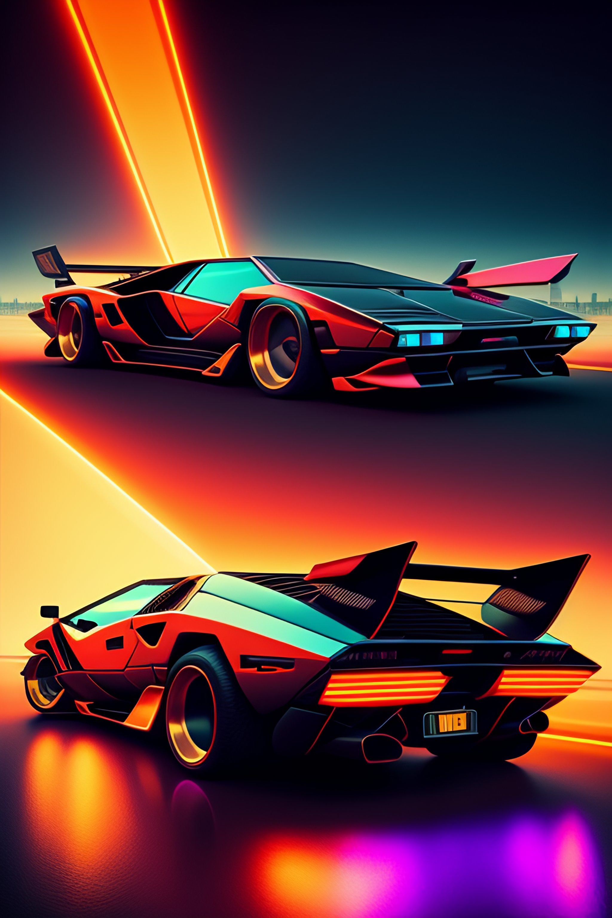 Lexica - Cyberpunk, Lamborghini Countach, city, neon, retro, sun, realistic