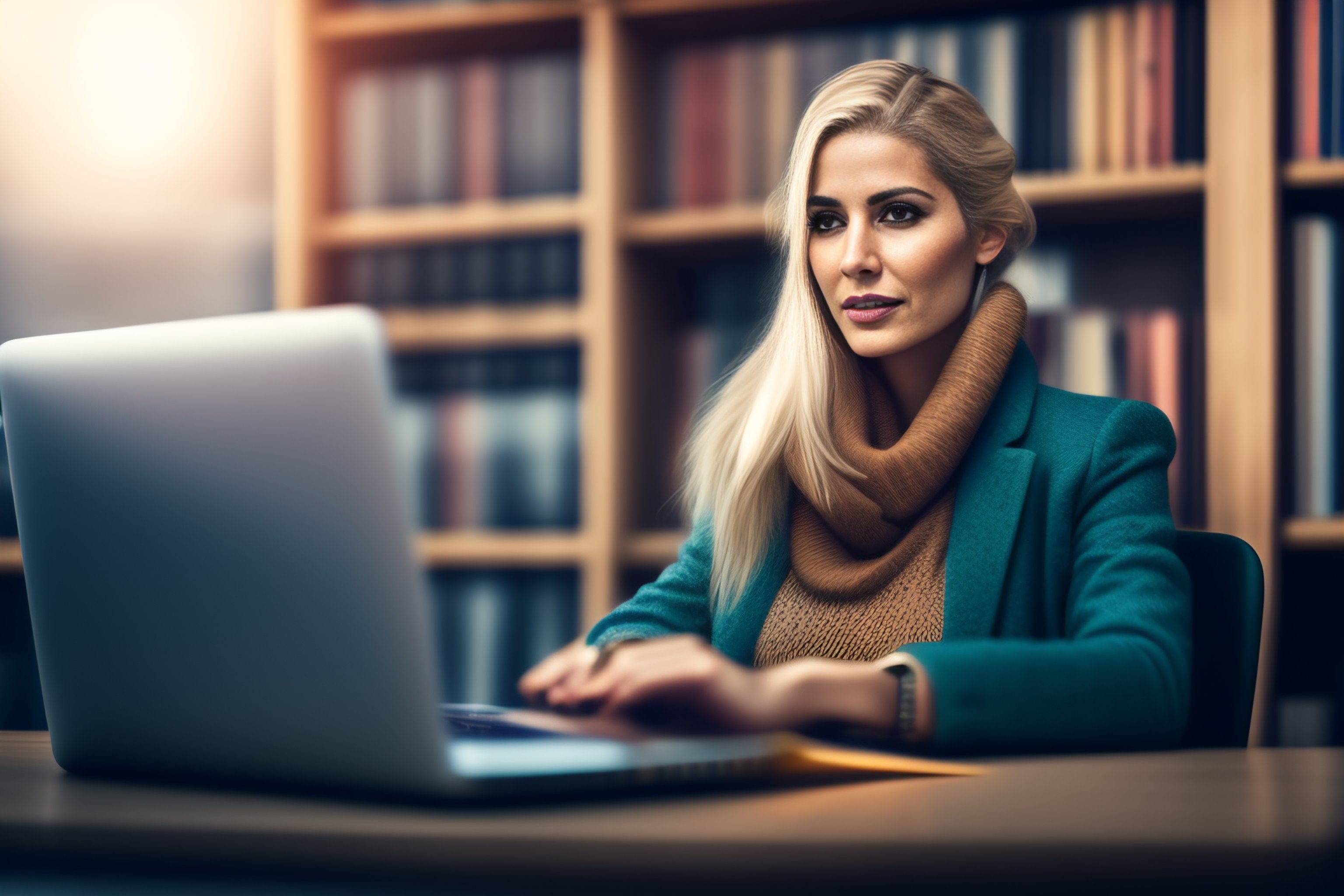 Lexica - Blond women, hipster programer working in a library, on a ...