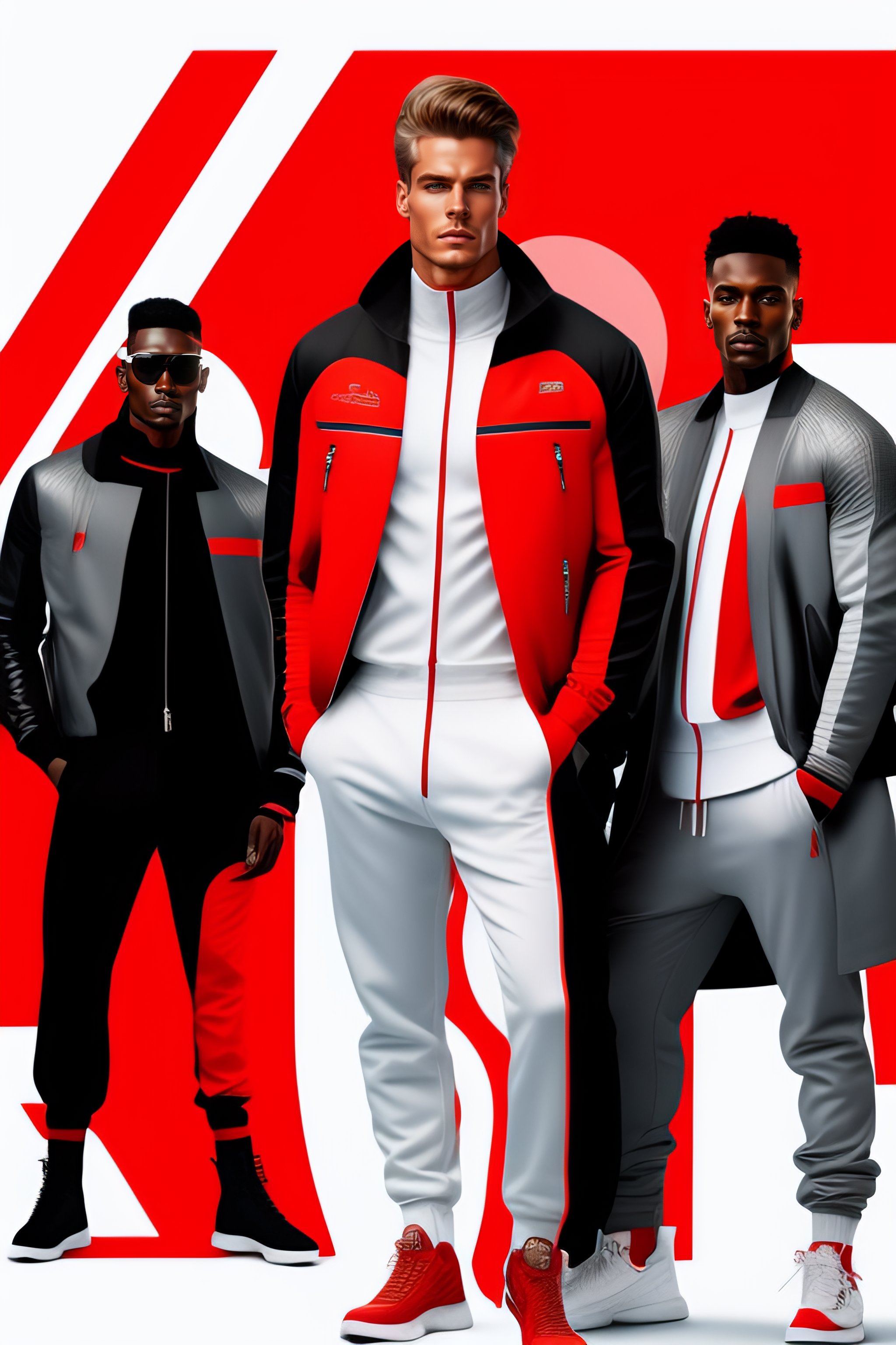Lexica - Three white men, futuristic, dressed in red-gray-black jogger  pants and moto-jackets