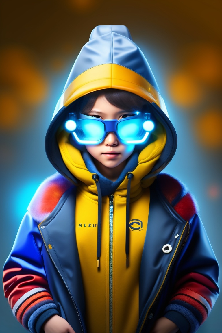 Lexica - Girl robot, octagon glasses, yellow hoodie, blue and black ...