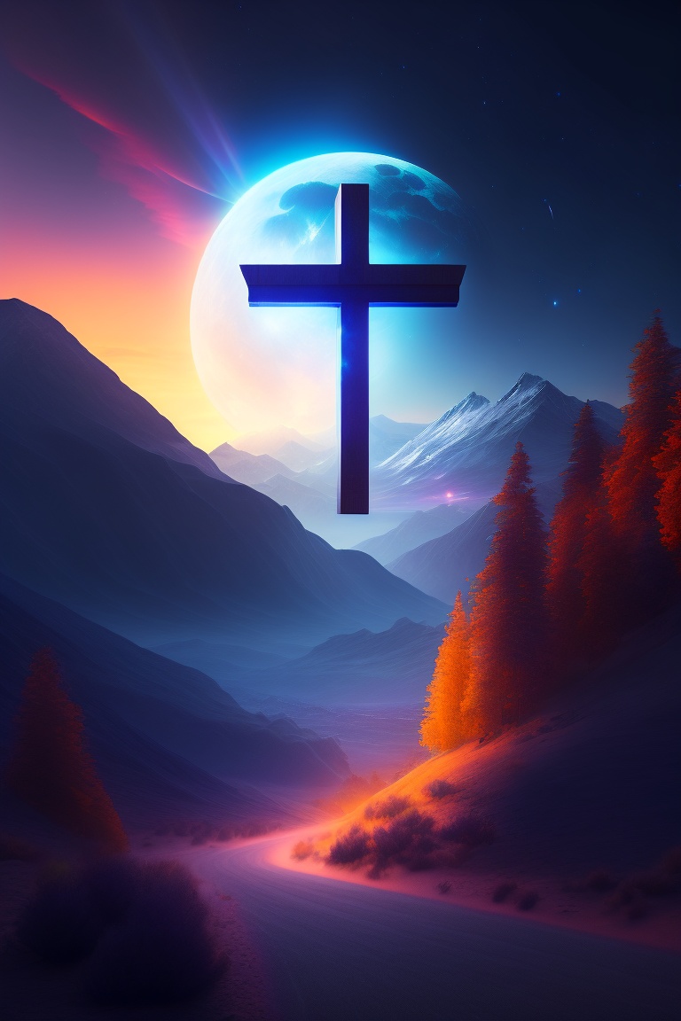 Lexica - Christ cross, mountains in the background, intense moonlight ...
