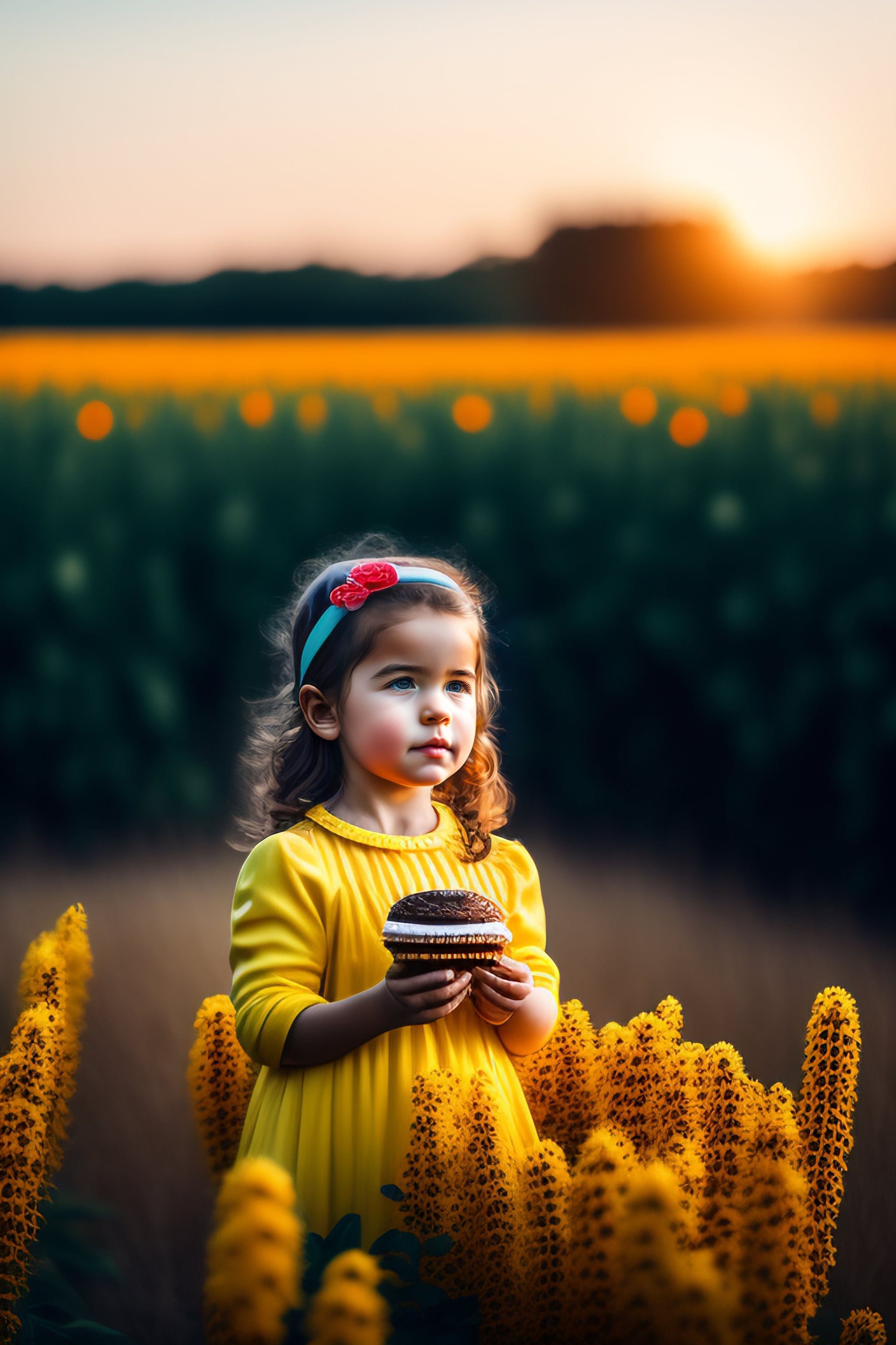 Lexica - Girl eating a small muffing in a suflower field