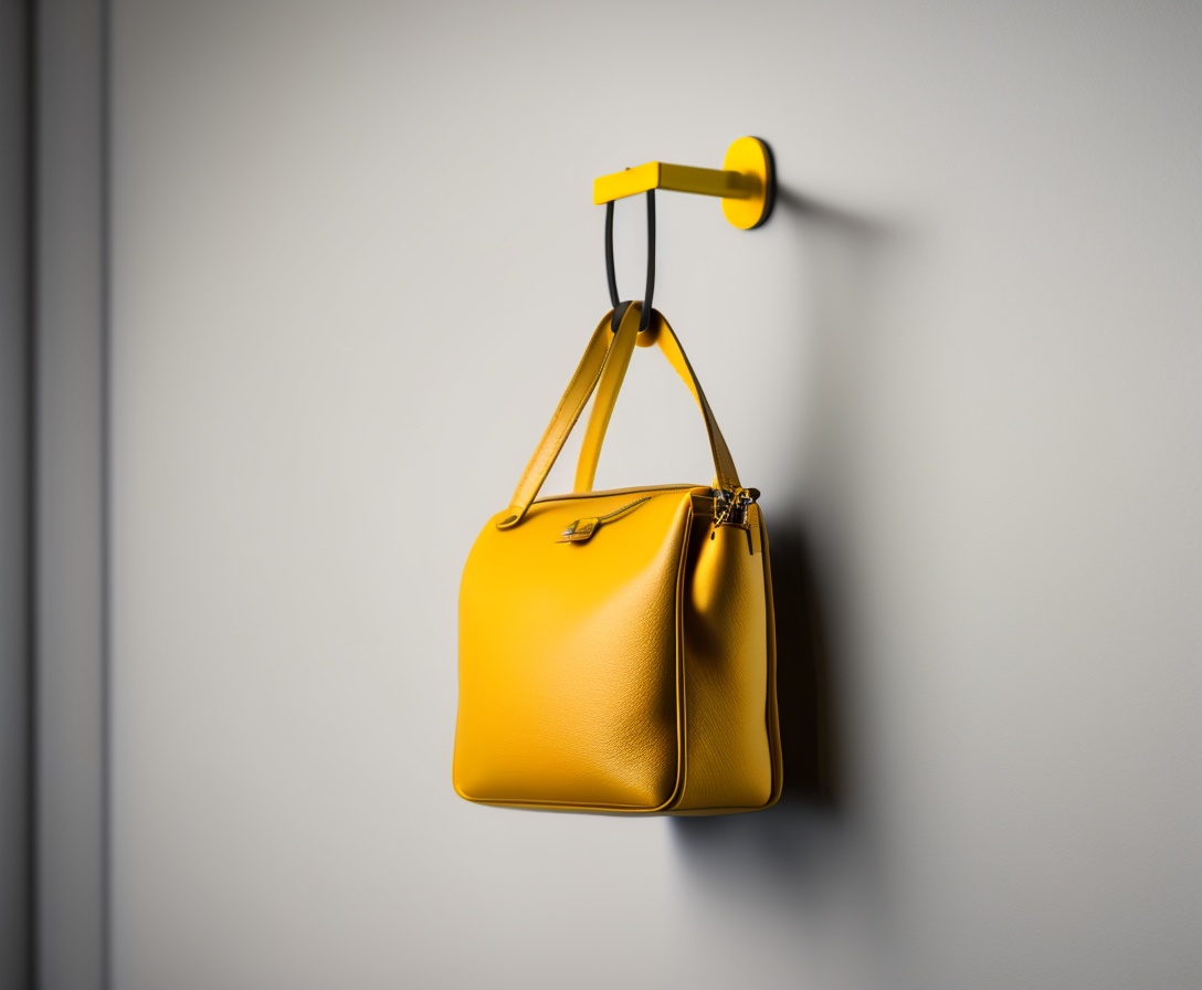 Lexica Command hook, hanging on a white wall, holding a yellow bag