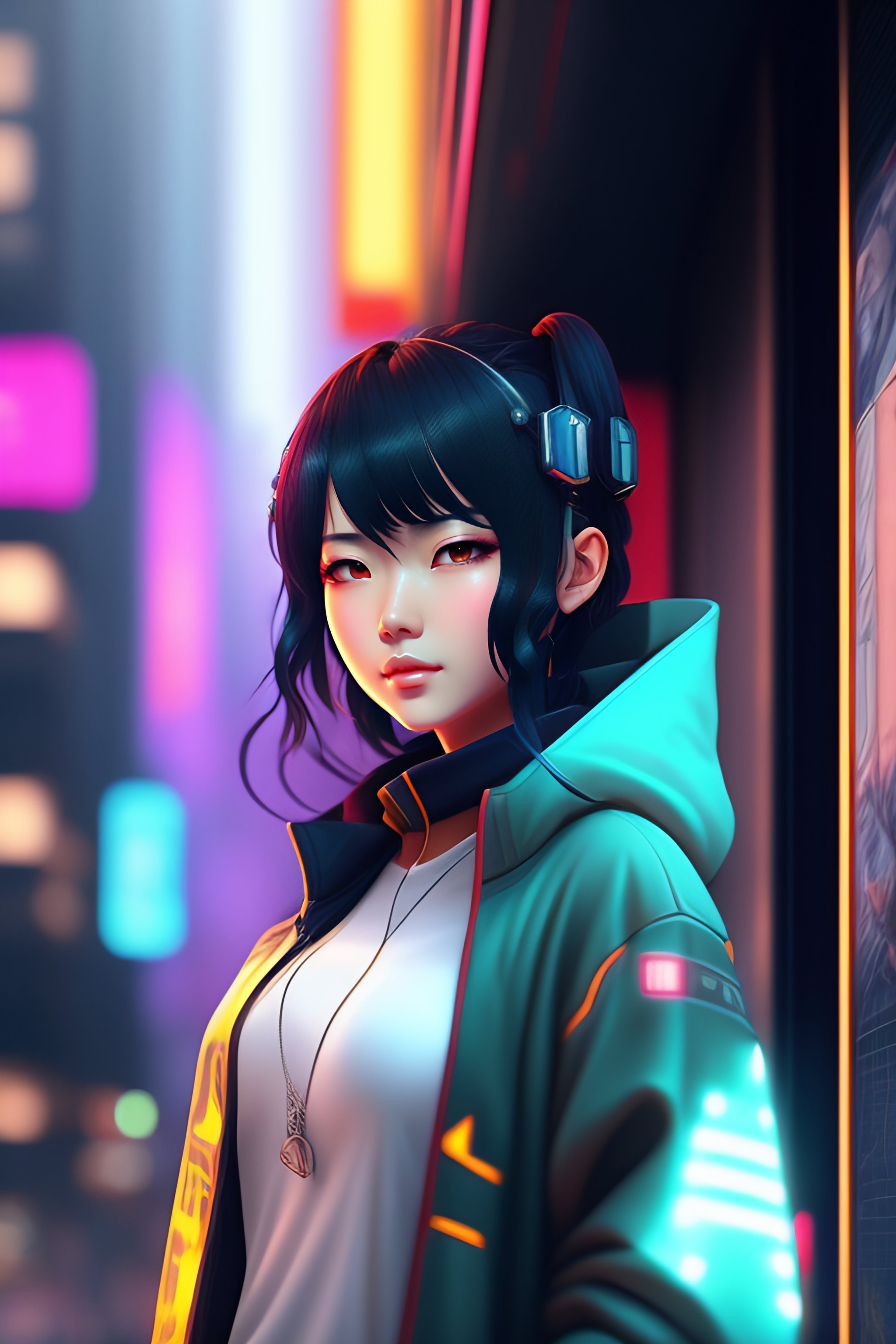 Lexica - Cyberpunk city setting. There is a beautiful young anime woman ...