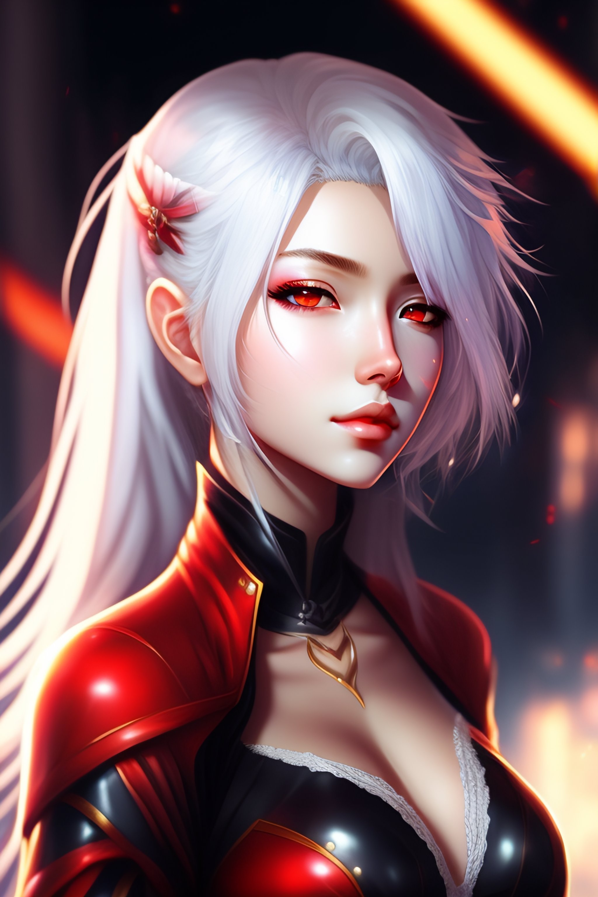 Lexica - Anime girl, 18+, White Hair, red Eye, shine eye, angel, looking at  viewer, black clother