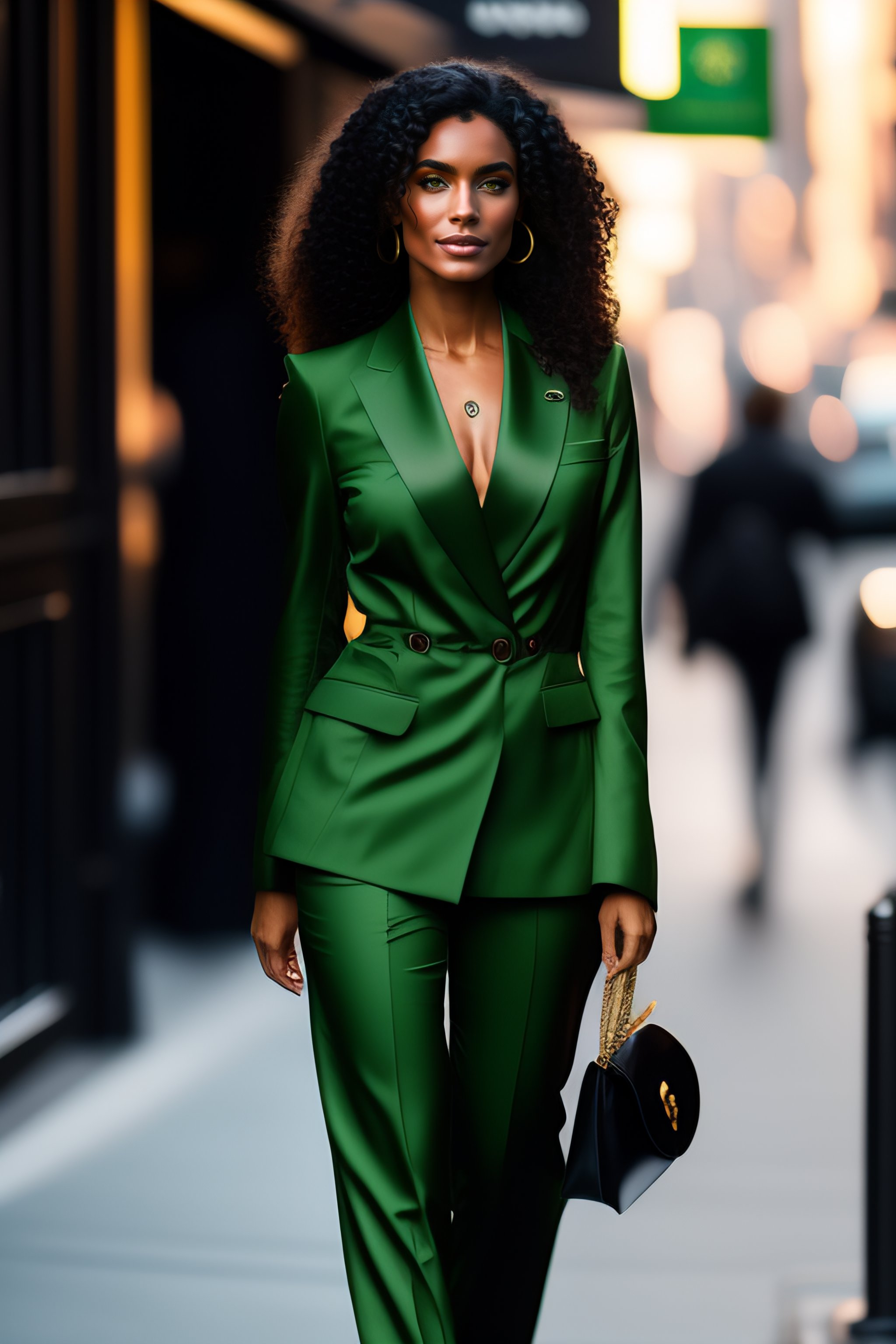 Lexica - Olive skin, dark curly hair, green eyes, black pant suit, female  model posing, busy street in new york