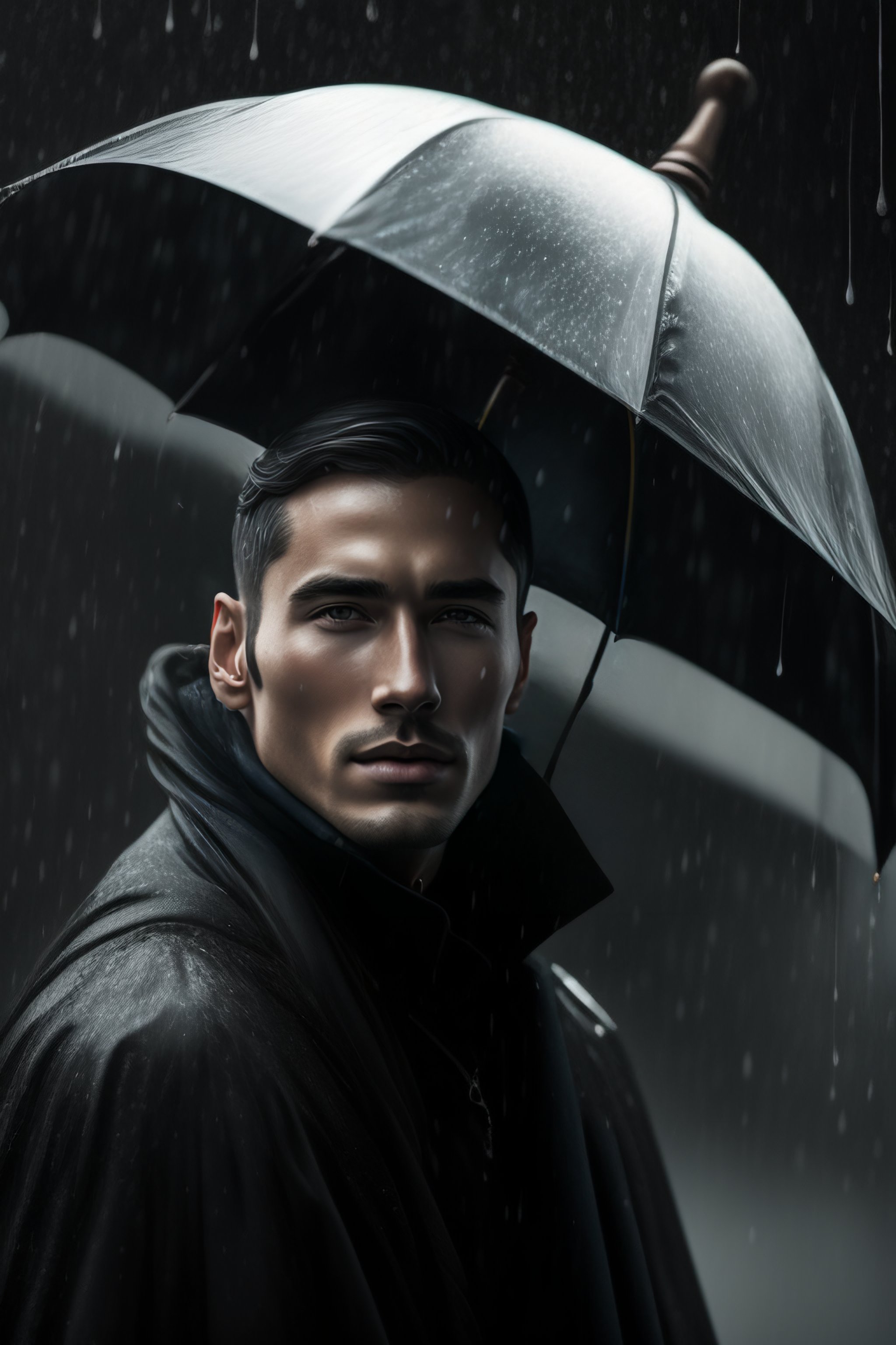 Lexica Old portrait of a man with no face under the rain with a black