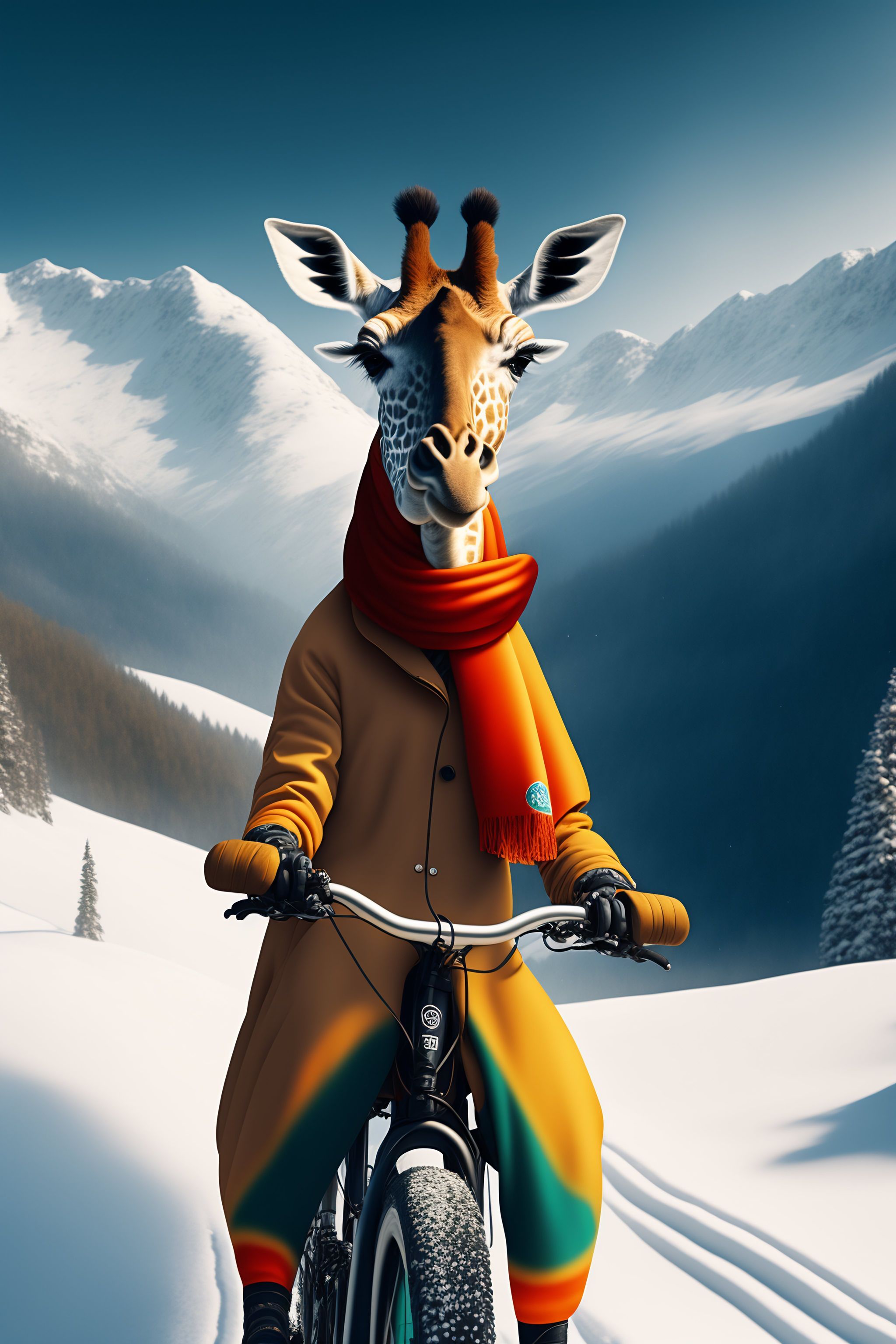 Lexica - A giraffe wearing a helmet and scarf riding a bicycle through ...