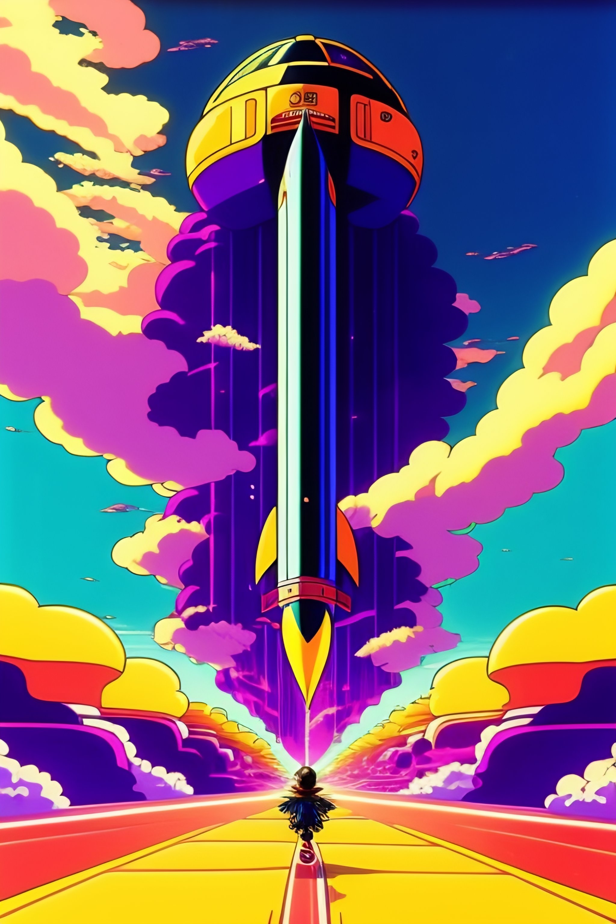 Lexica - Vintage anime, 90's anime aesthetic. A stunning maximalist shot  the protagonist running towards a rocket ship taking off. Aesthetic. One  poi...