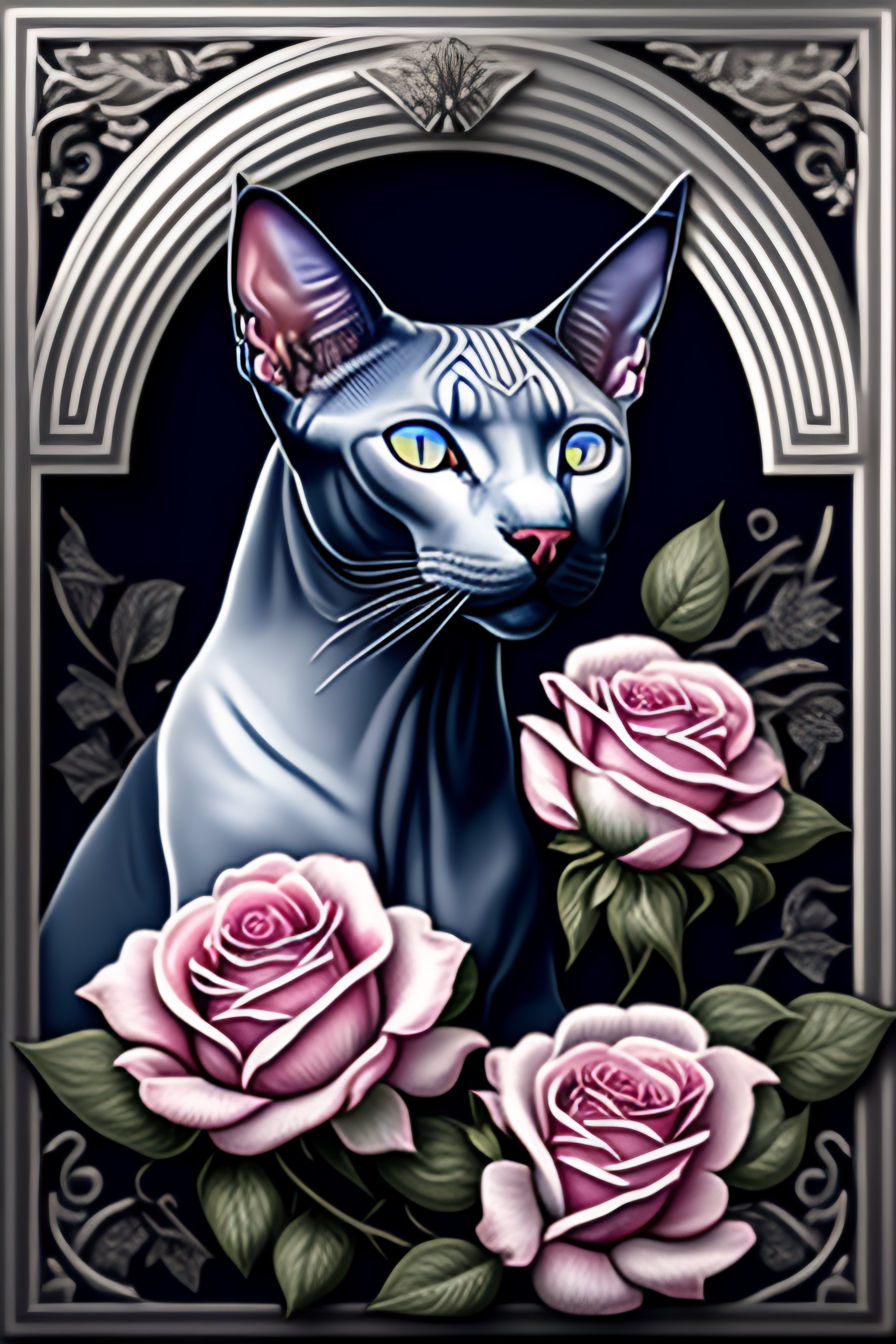 Lexica - All gray sphynx cat with blue eyes with classical roses ...