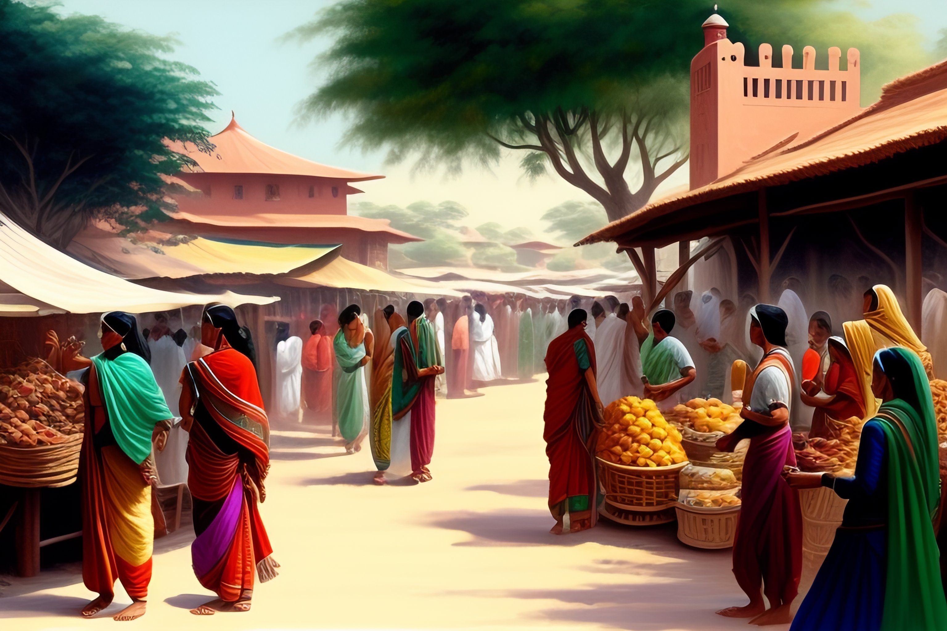Lexica - Nandalal bose style sketch of a busy indian village market