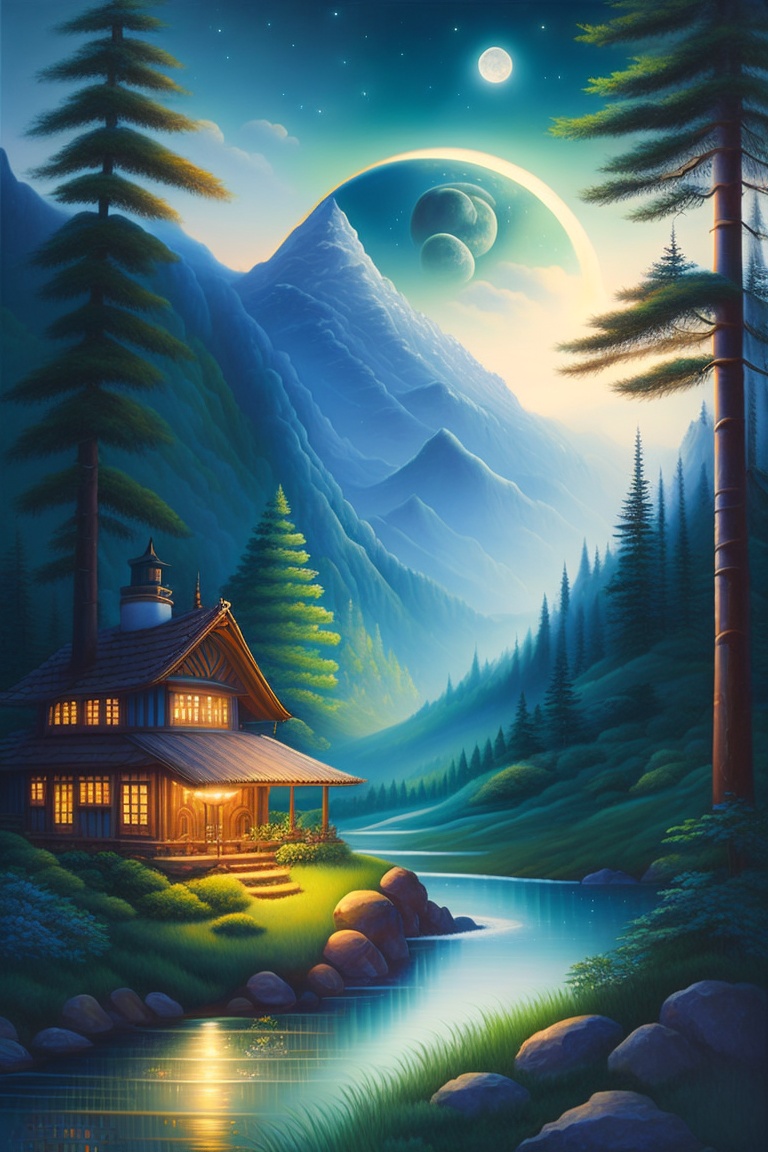 Lexica - Here is a description of a painting of mountains and forests ...
