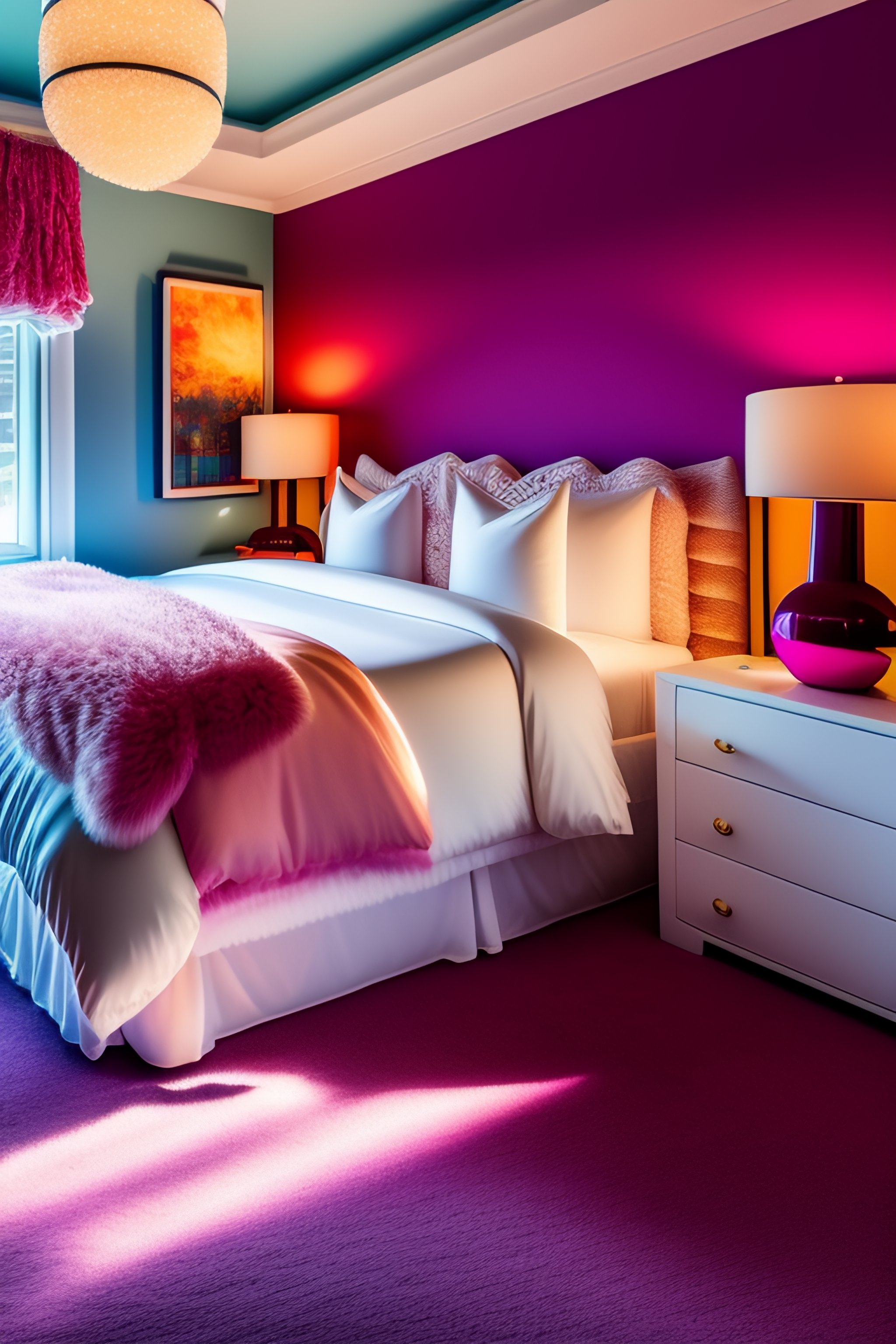 Lexica Princess bedroom with large plush bed and walls covered in