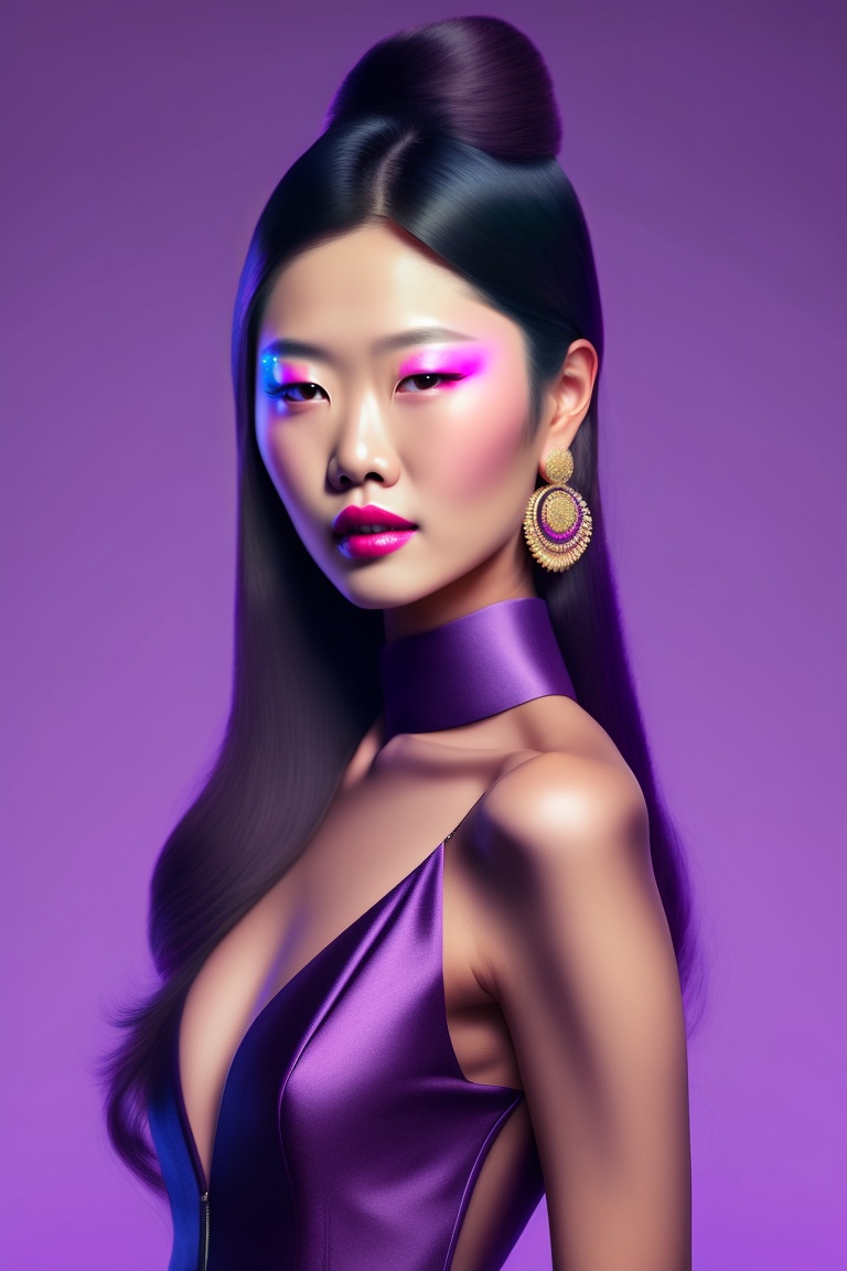 Lexica - ASIAN WOMAN FULL BODY WITH WOLF CUT HAIR, PINK LIPS, BEAUTY PURPLE  EYES, AND IDEAL POSTURE