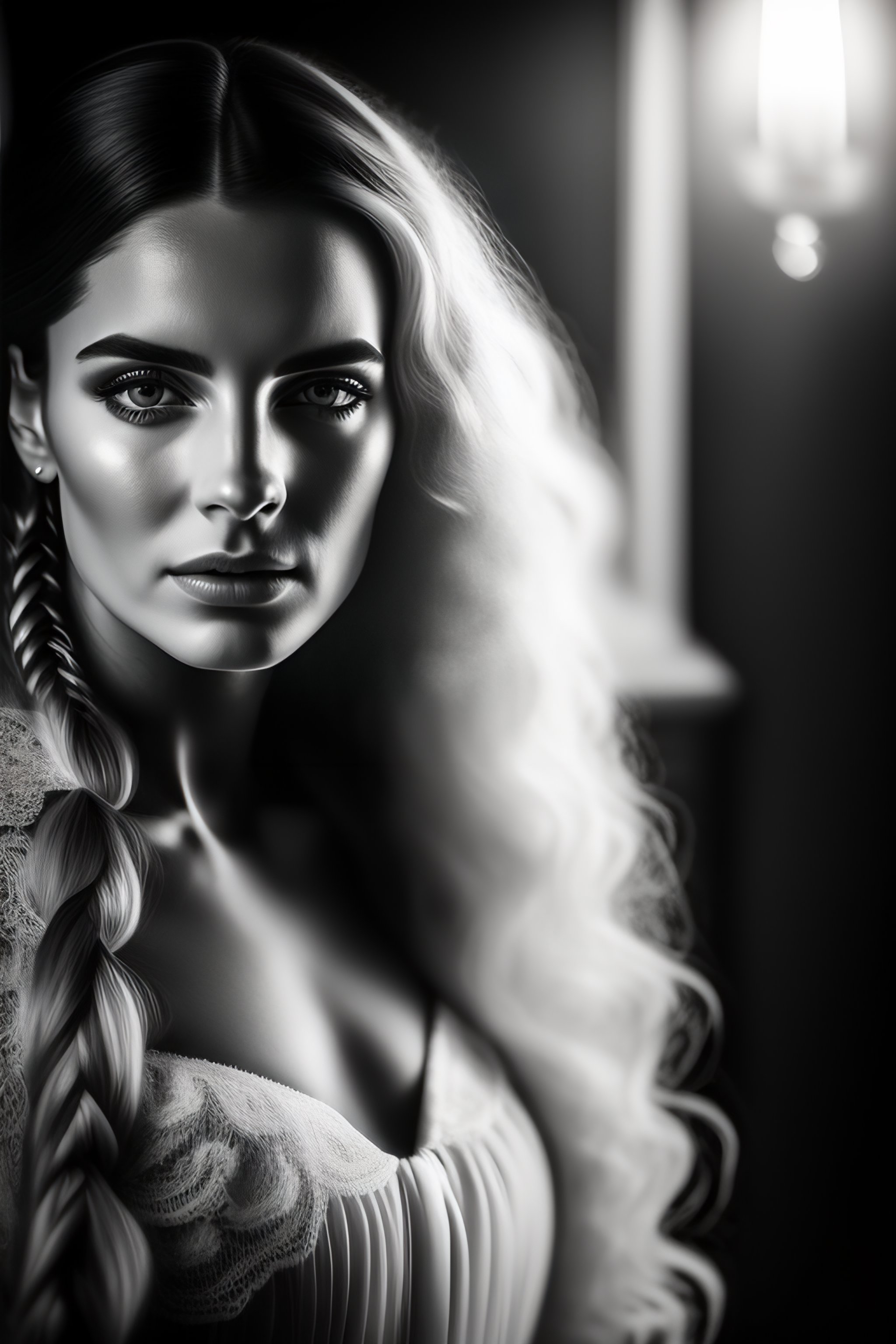 Lexica - Ghost and young woman in victorian house, black and white ...