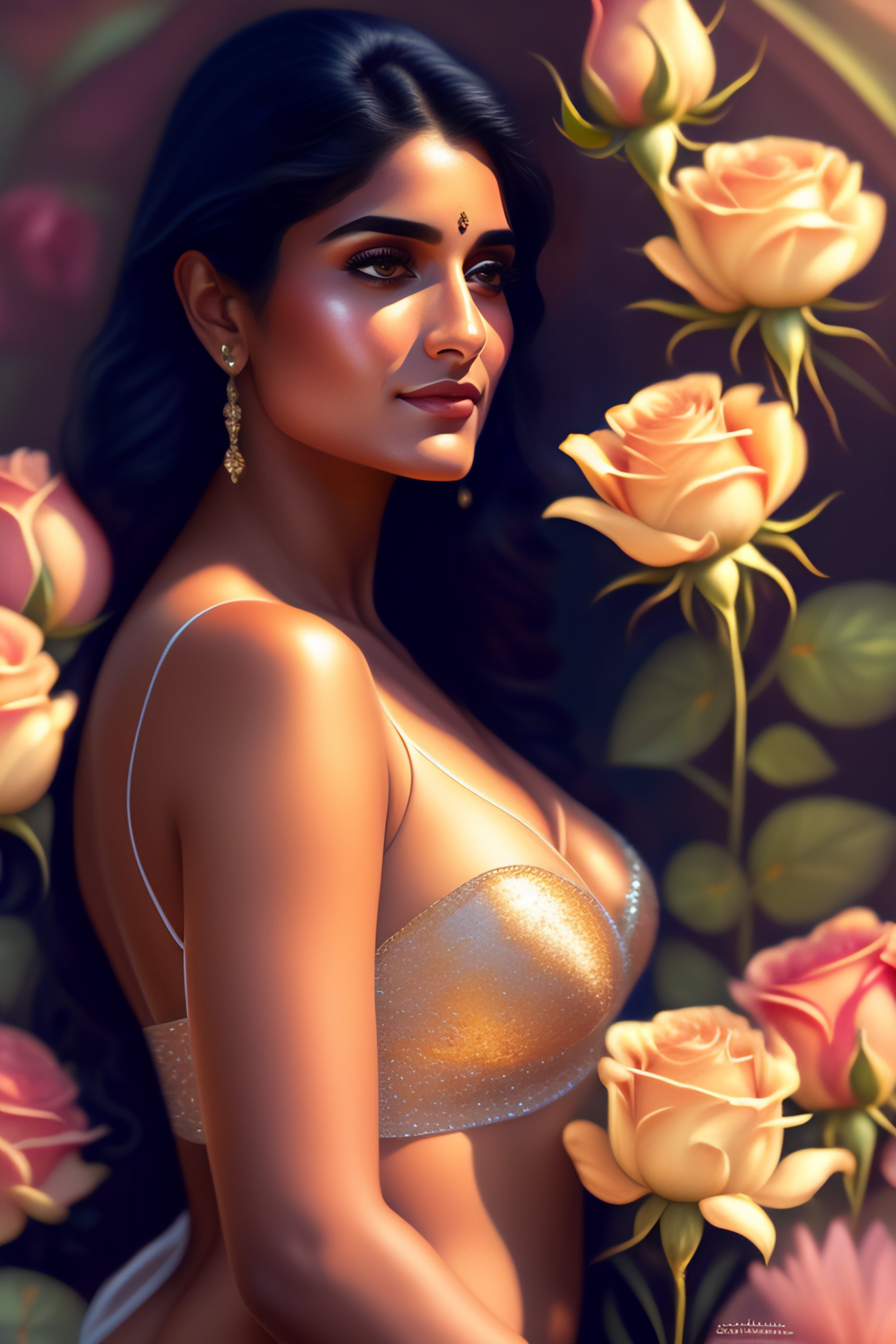Lexica - Spanish woman niveda thomas, smelling a flower, roses