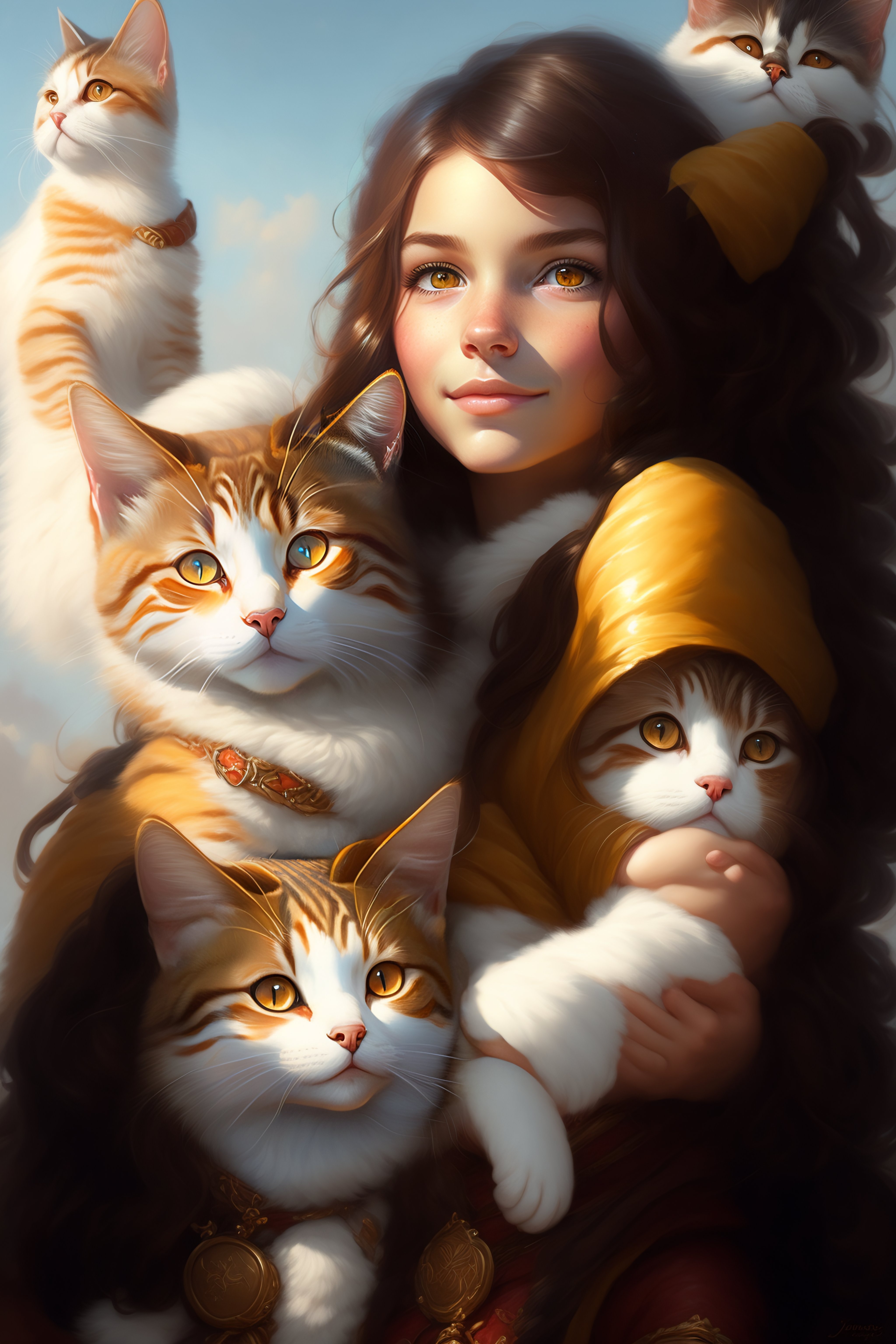Lexica - A detailed portrait of a cute brunette girl hugging a tabby ...
