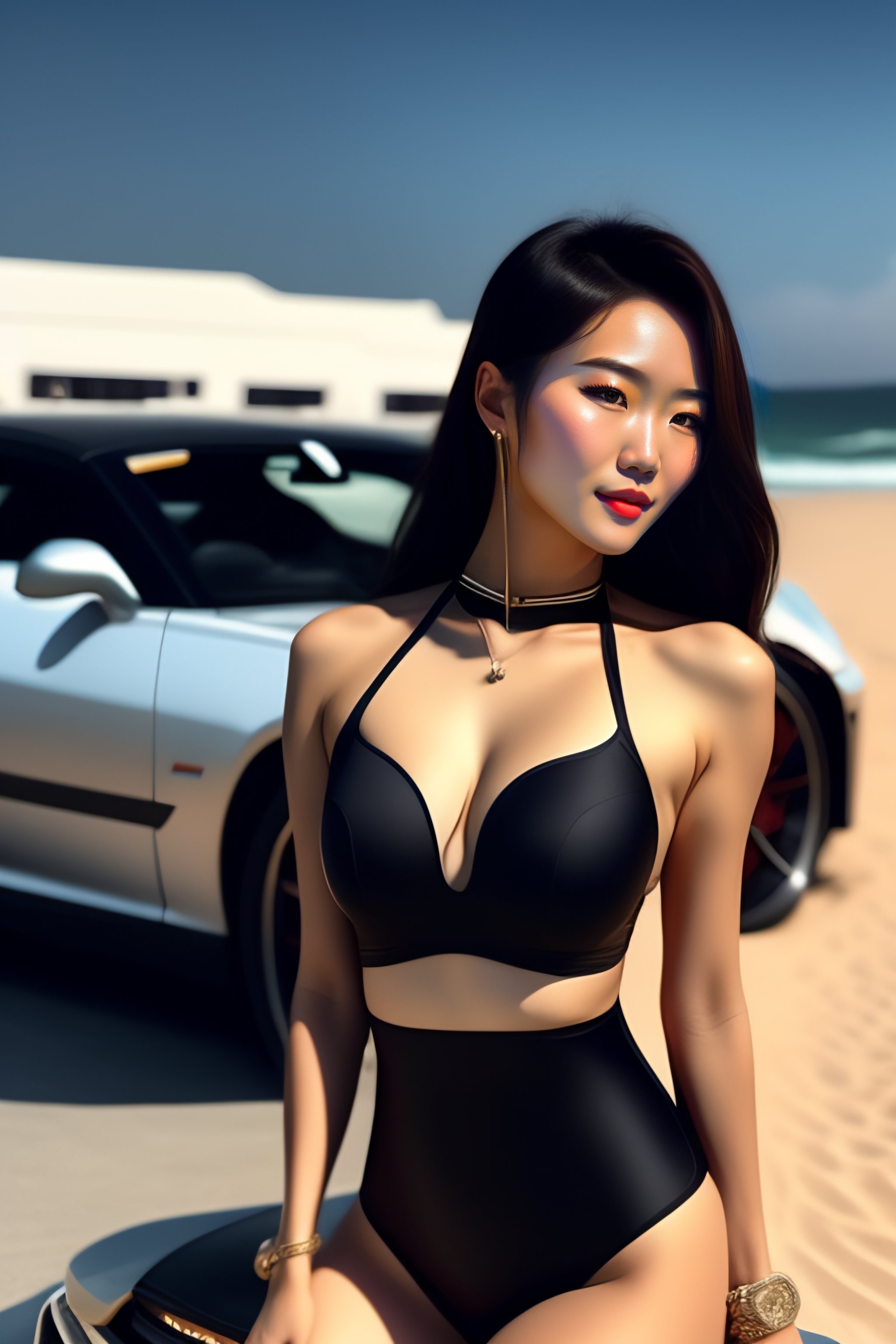 Lexica Beautiful Korean girl in a black swimsuit, next to a Chevrolet