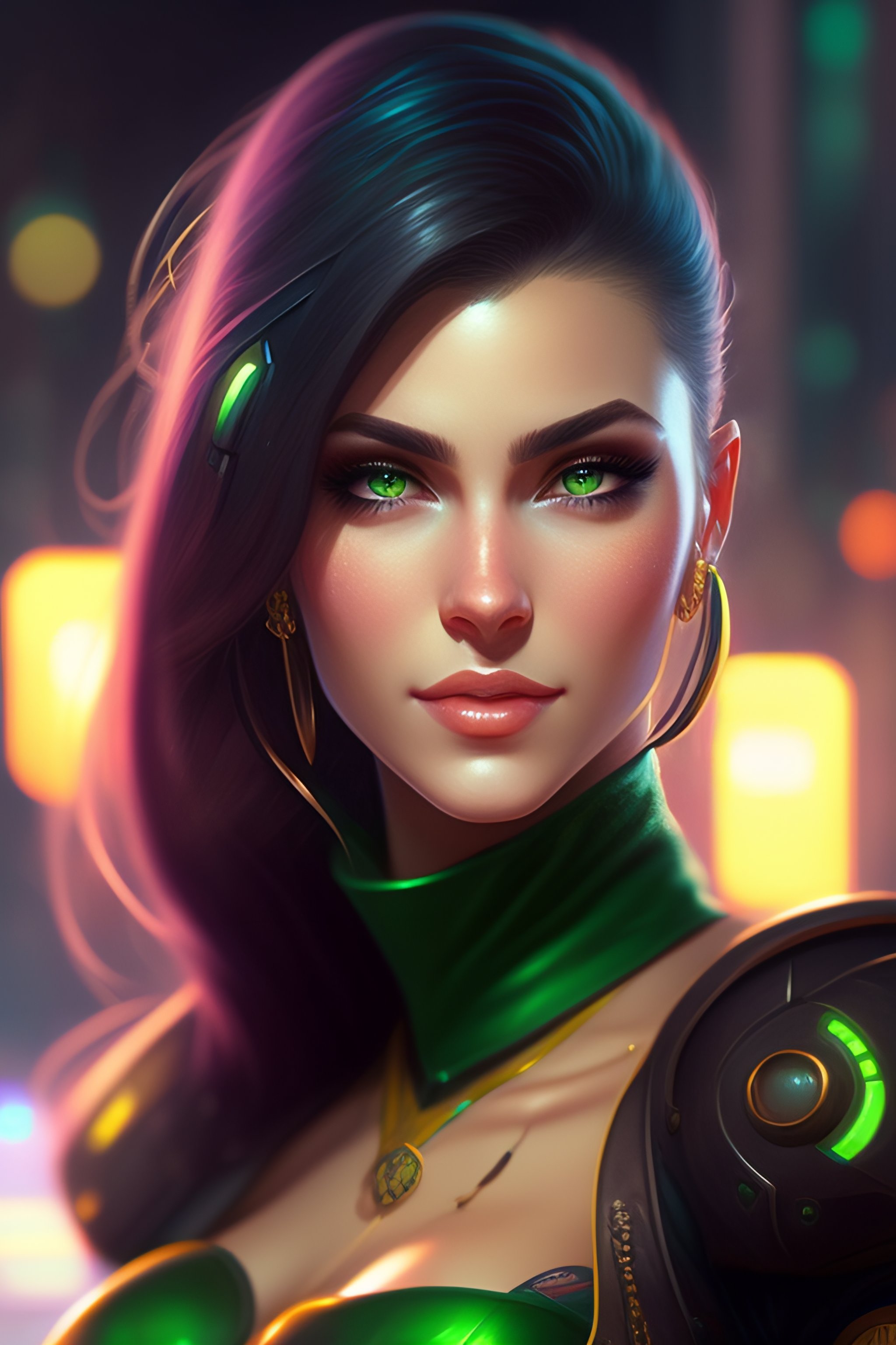 Lexica - A detailed portrait of a cute cyberpunk girl with green eyes ...