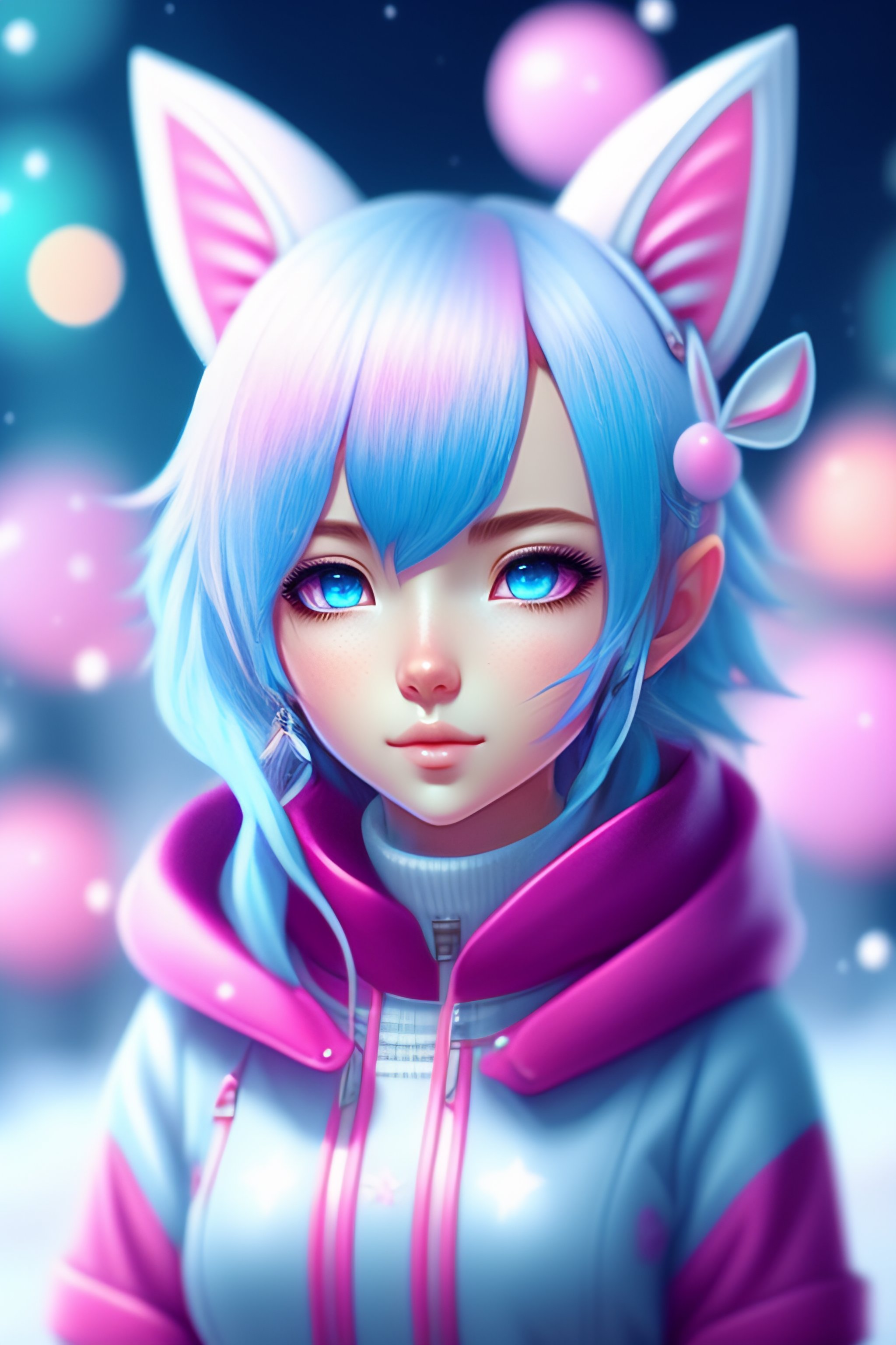 Lexica - Anime,wallpaper like pencil drawing, digital art of cute kawaii  girl with rabbit ears, light blue hair,bob,pink eyes,holding a  Omikuji,backg