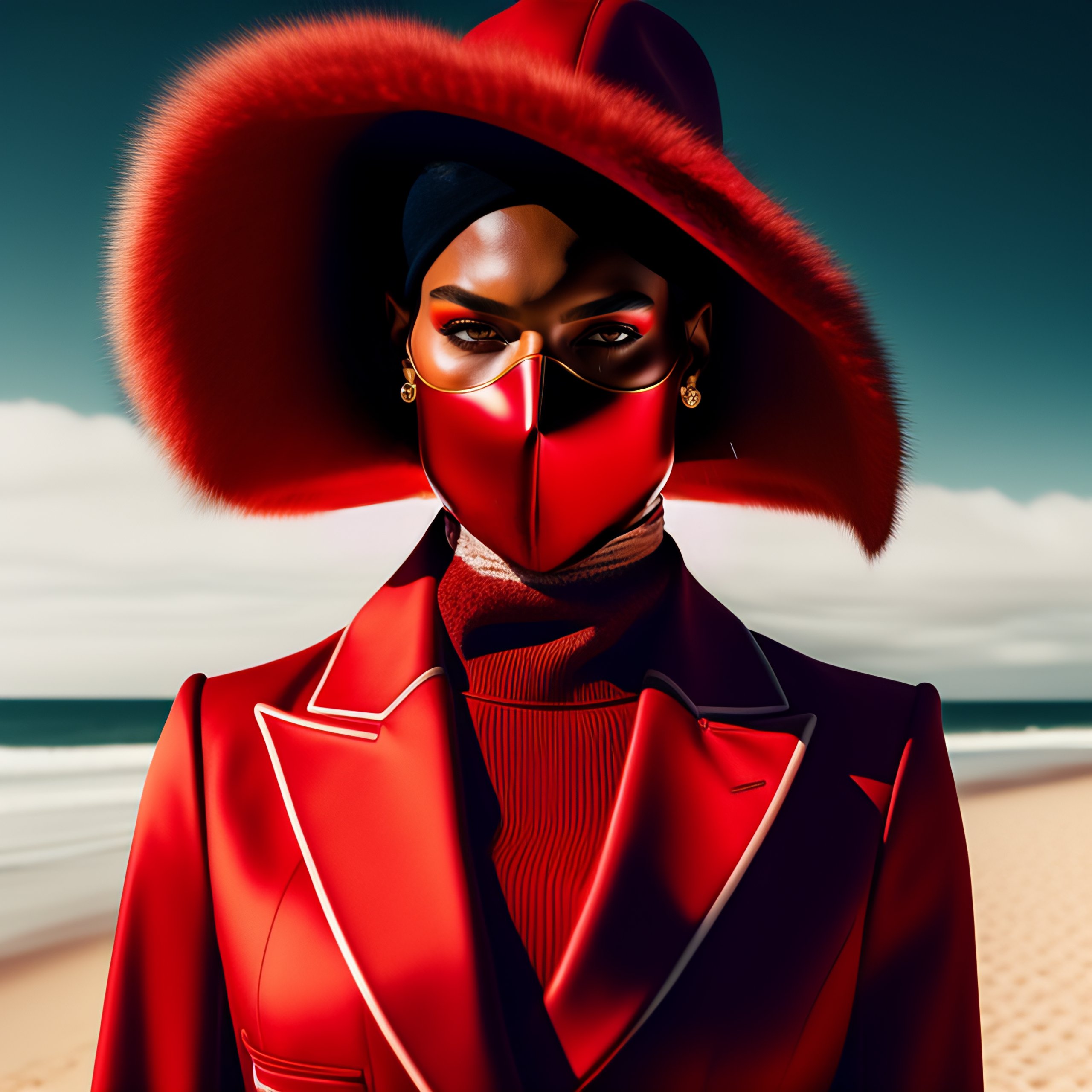 Lexica - Masked figures in red angular suitwear, on rainy British beach ...