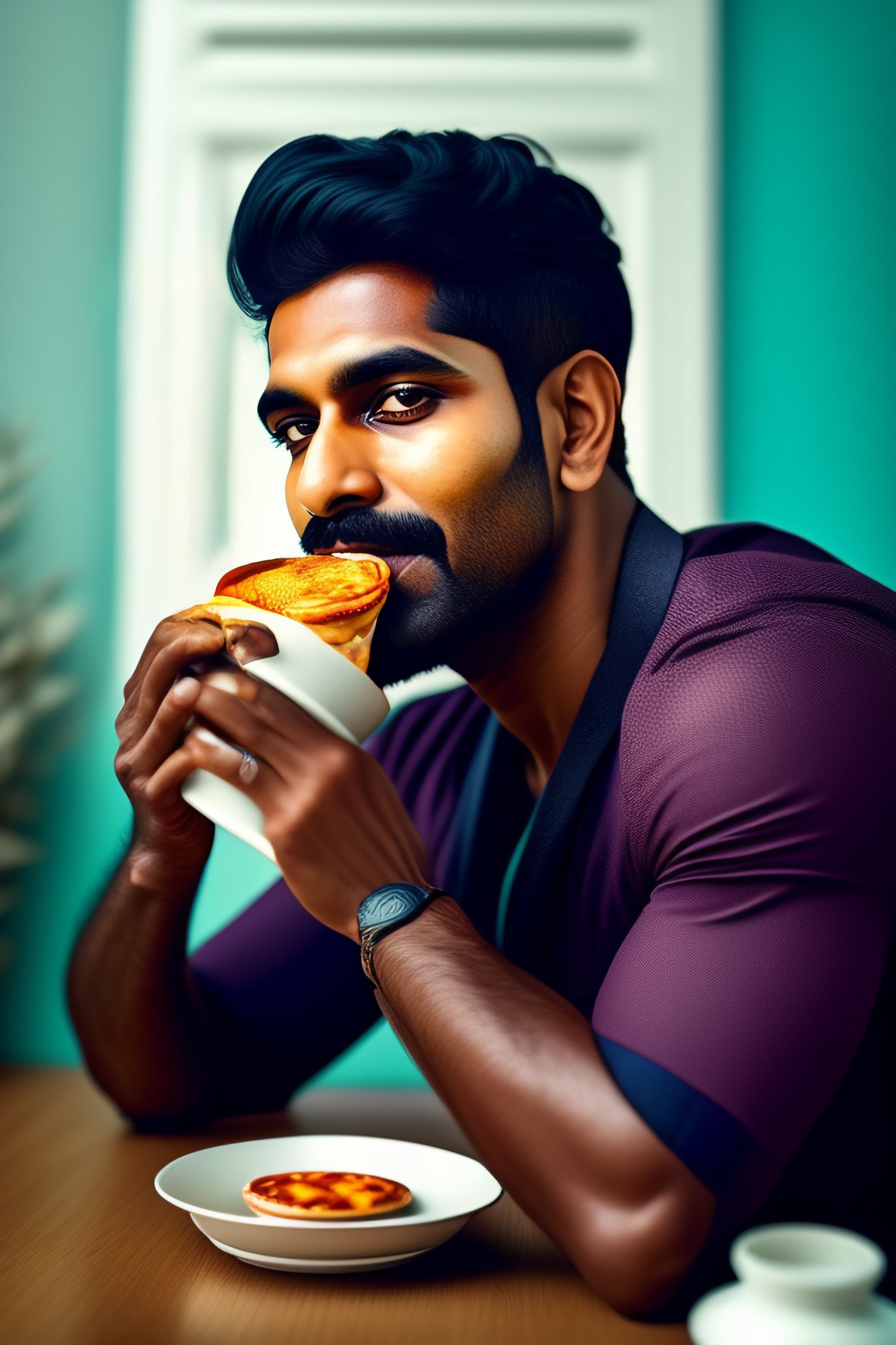 lexica-35-years-old-indian-man-sipping-tea-and-eating-pizaa