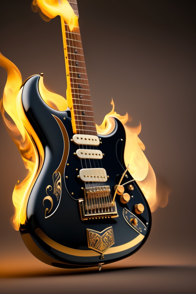 Lexica Electric guitar,black and gold color, flames in the back, 4k,hd