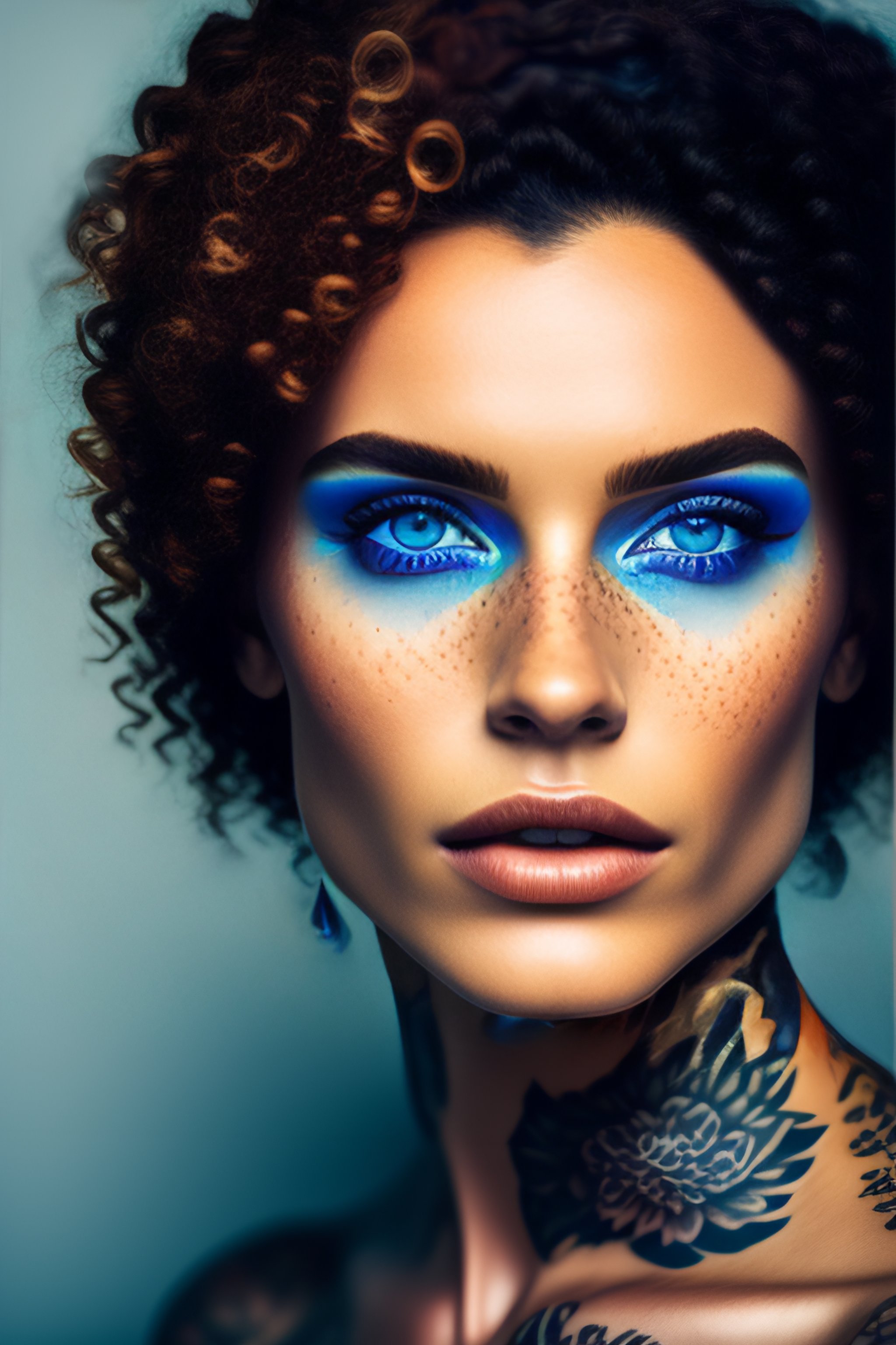 Lexica A Photo Close Up Of A Beautiful Tattooed Face Woman With Freckles And Blue Eyes Curly 