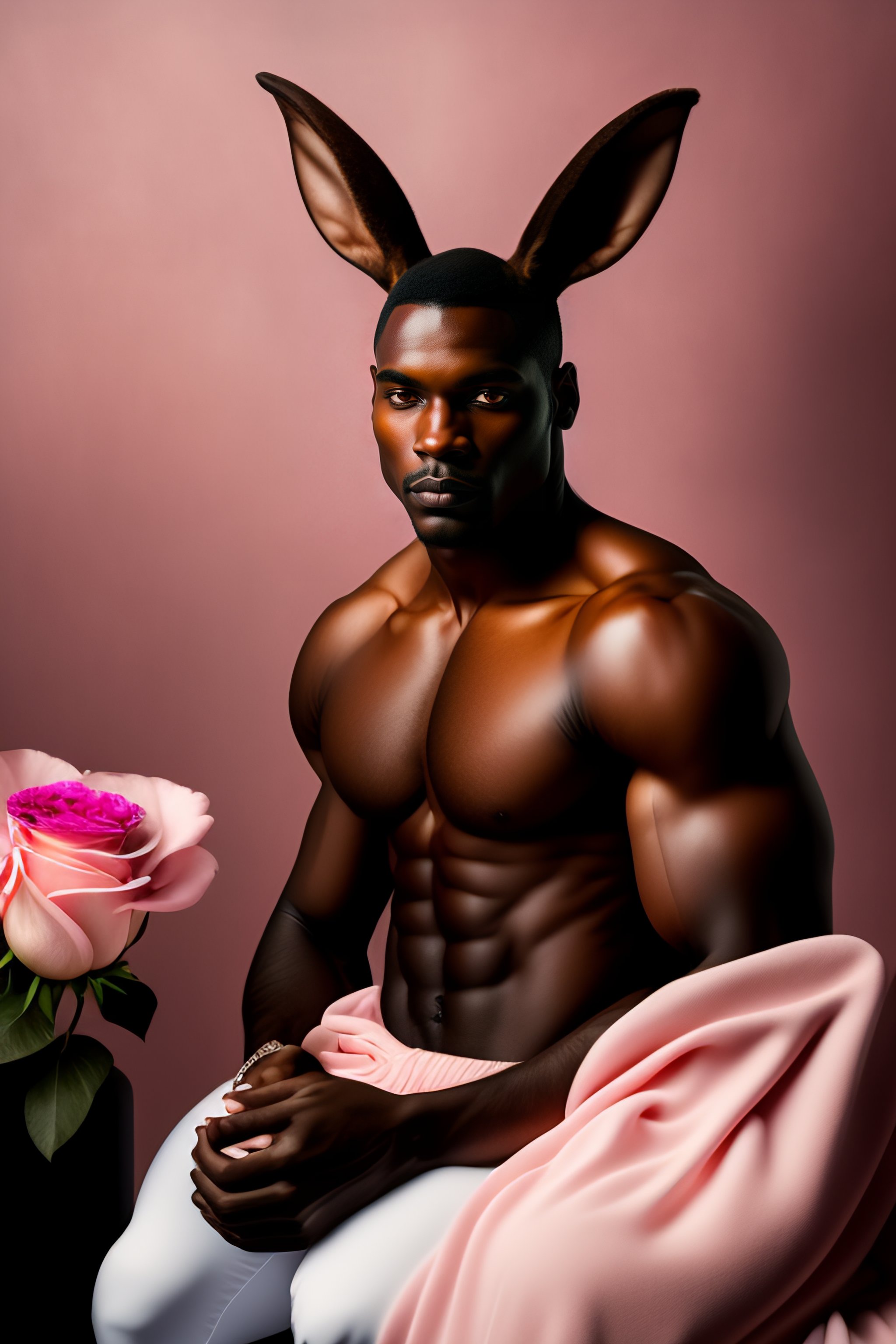 Lexica - Man as a rabbit with dark skin, in a light pink room with many  paintings on the wall and a vase full of roses, man, by Peter Kemp, 8k, oil