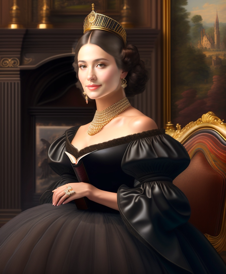 Lexica - A woman wearing a black dress and pearls, sitting in front of ...