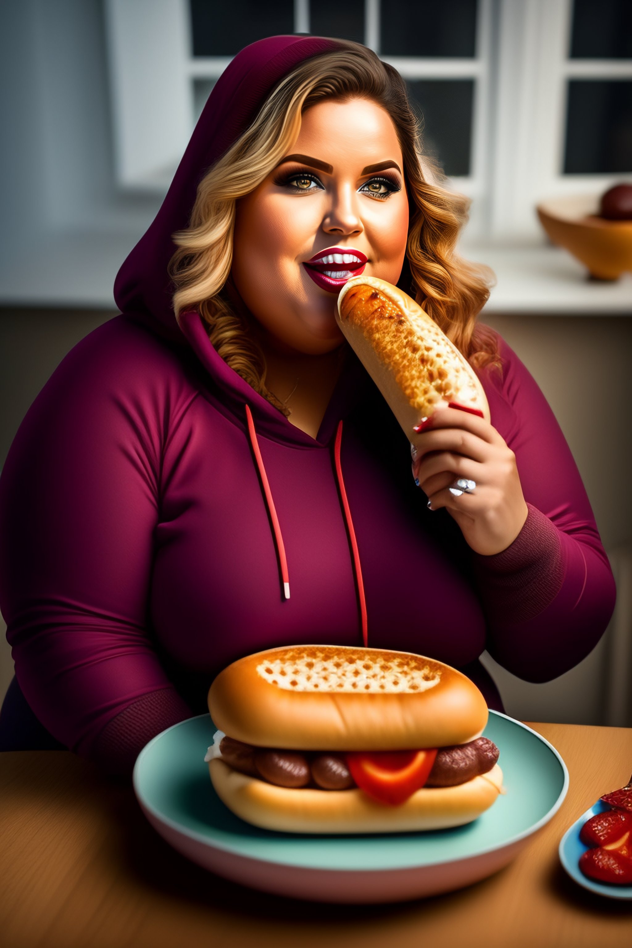 Lexica - Full-figured shapely Swedish woman wearing a tight and revealing  shirt, serving food