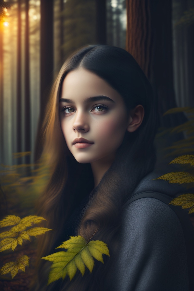 Lexica - A young girl in the forest, looking at camera, horror,dark