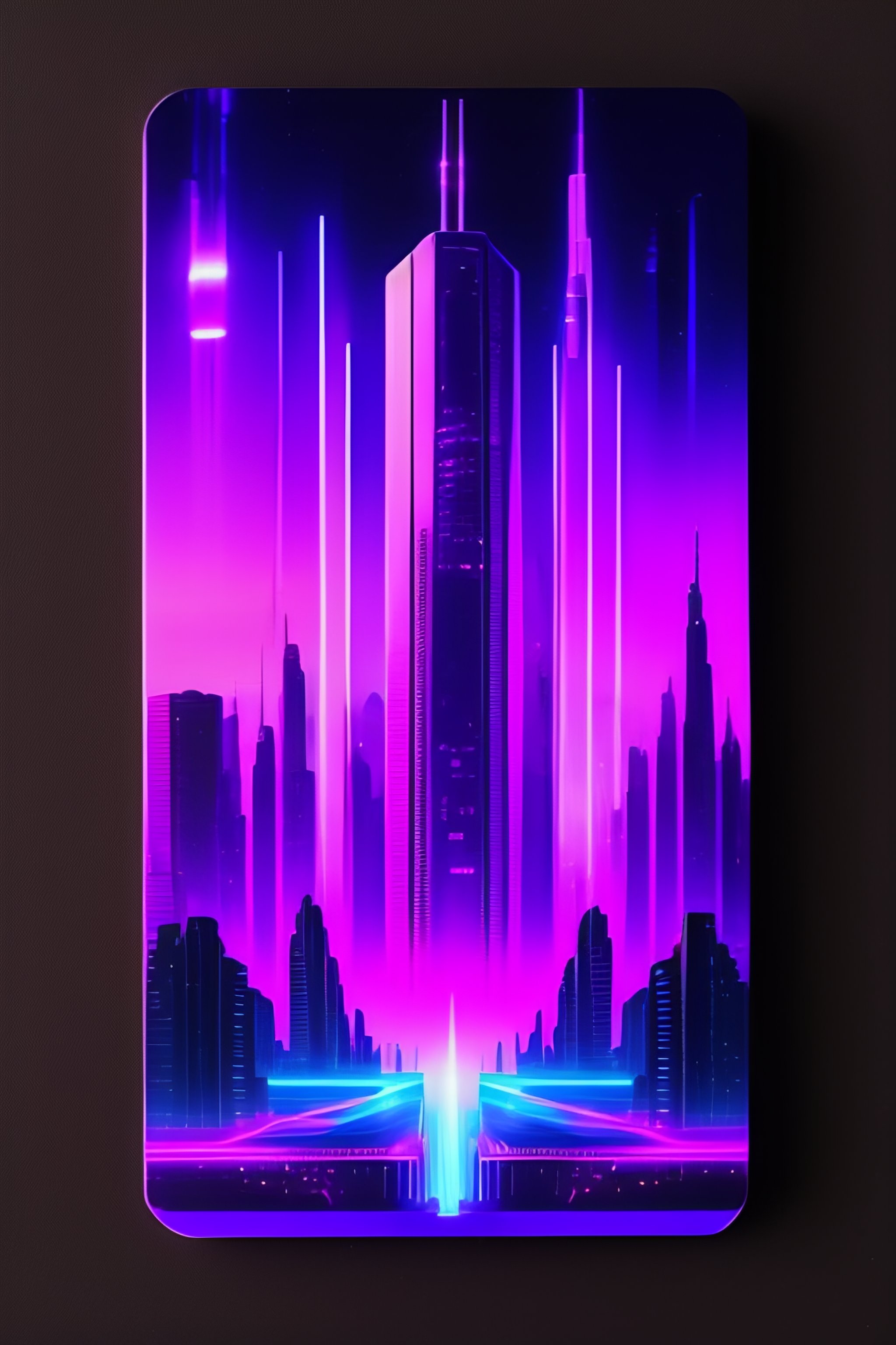Lexica Floating access card, made of neon purple glass with a cyberpunk city on the card