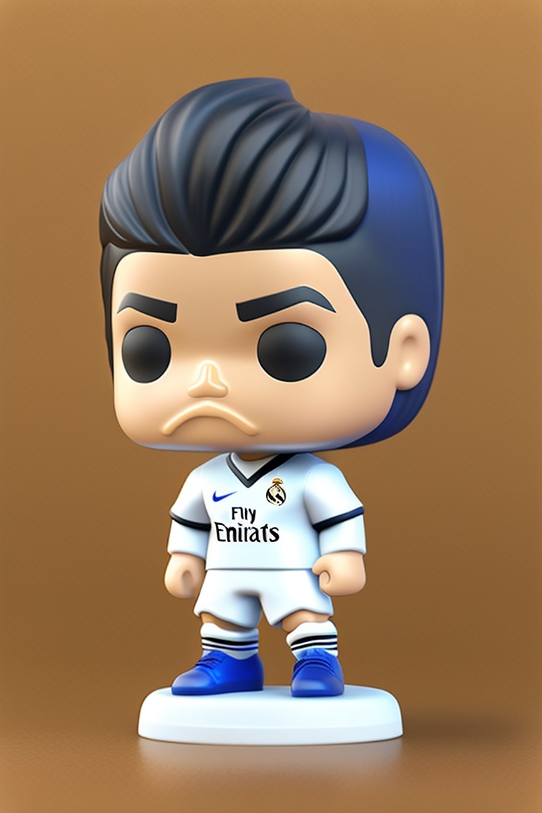 Lexica - Funko pop of a boy dressed in the Real Madrid kit, a bit chubby,  with very black hair, combed forward, with full lips