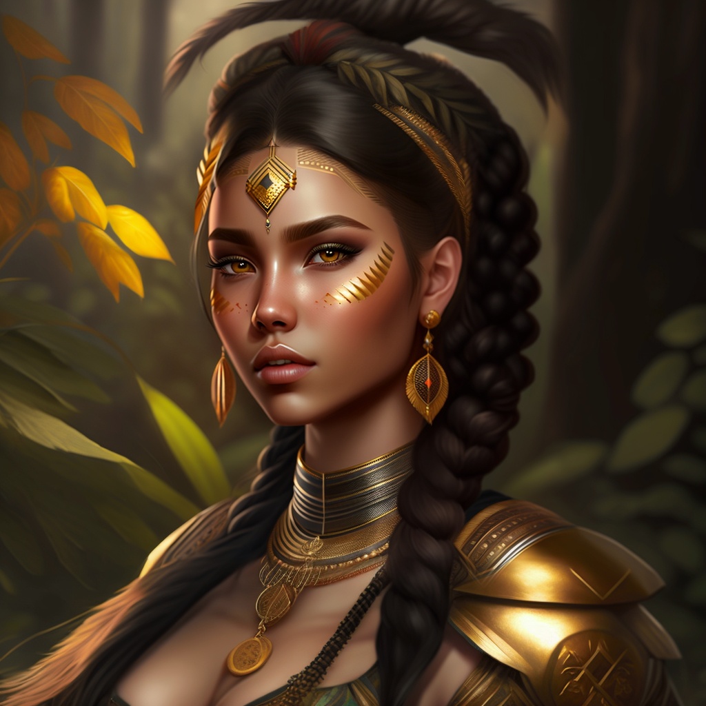 Lexica Tribal Female Dark Hair Pale Skin Braids Gold Eyes Hunter Face Tattoo Jungle 2457