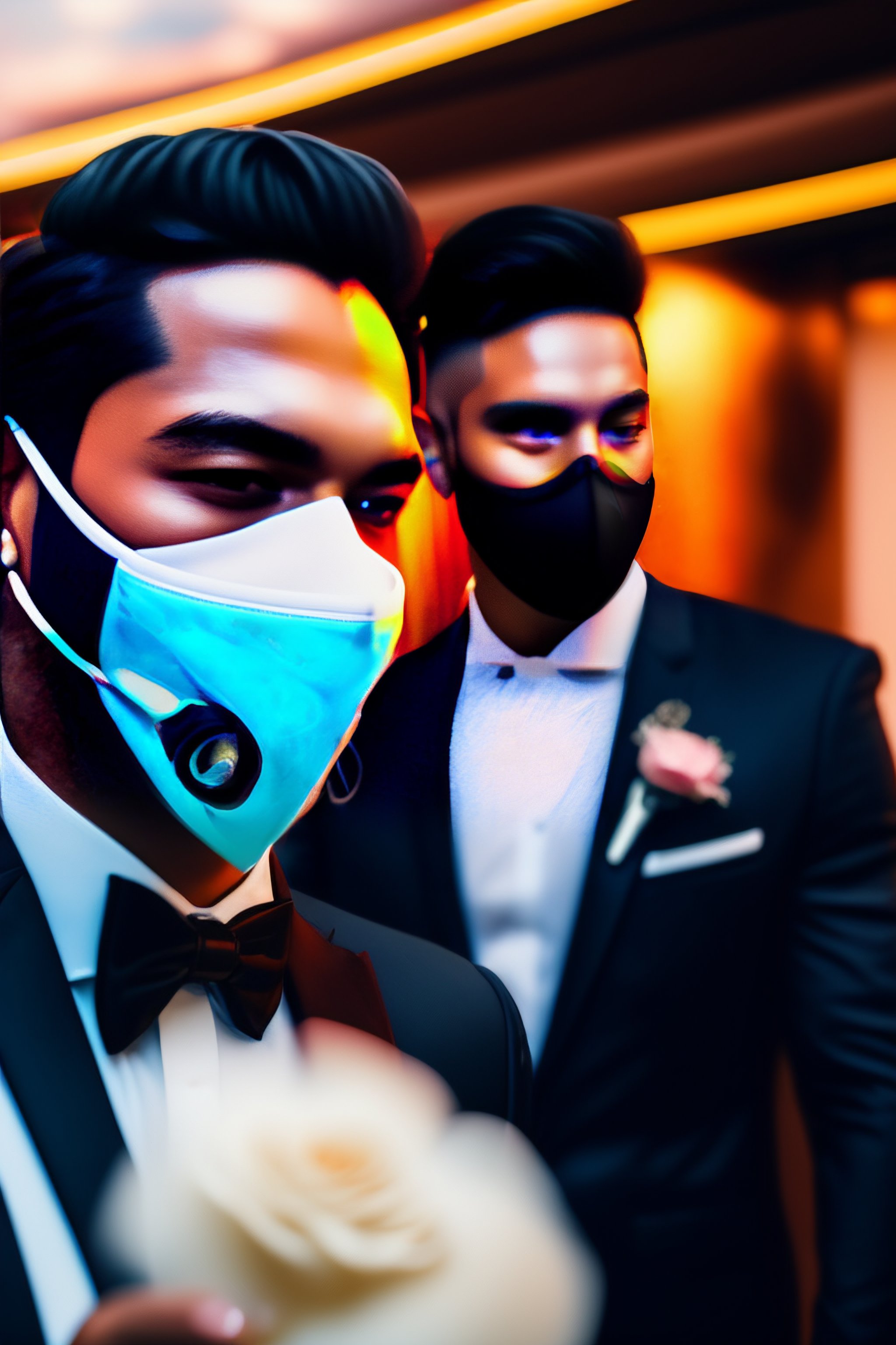 Lexica - 4 masked and suit friends smoking with dab pen in the cancun