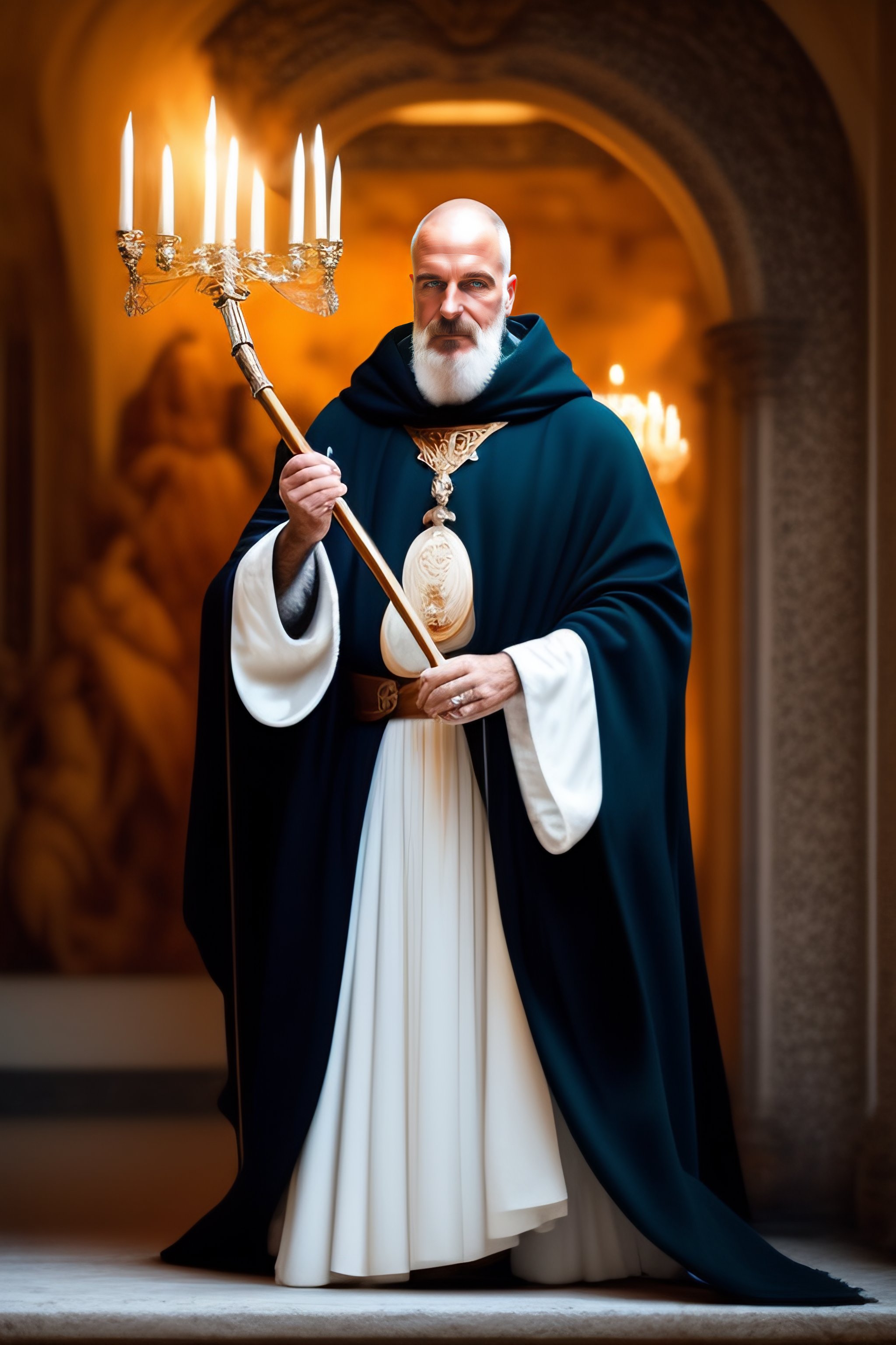 Lexica - One Greek monk in dark robe hold a white snake staff
