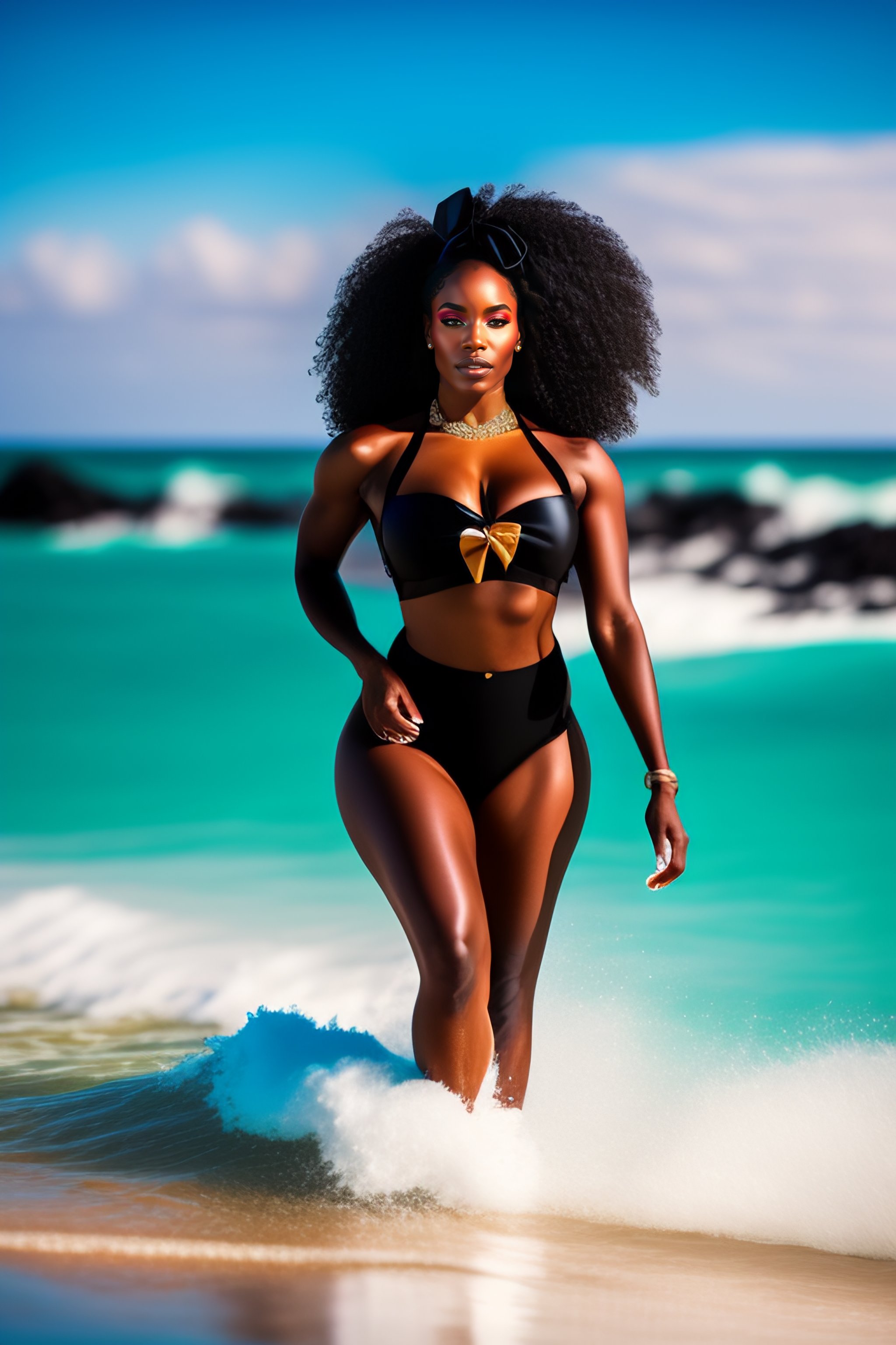 Lexica - Black woman, in a wavy bikini, with a bow, long colored