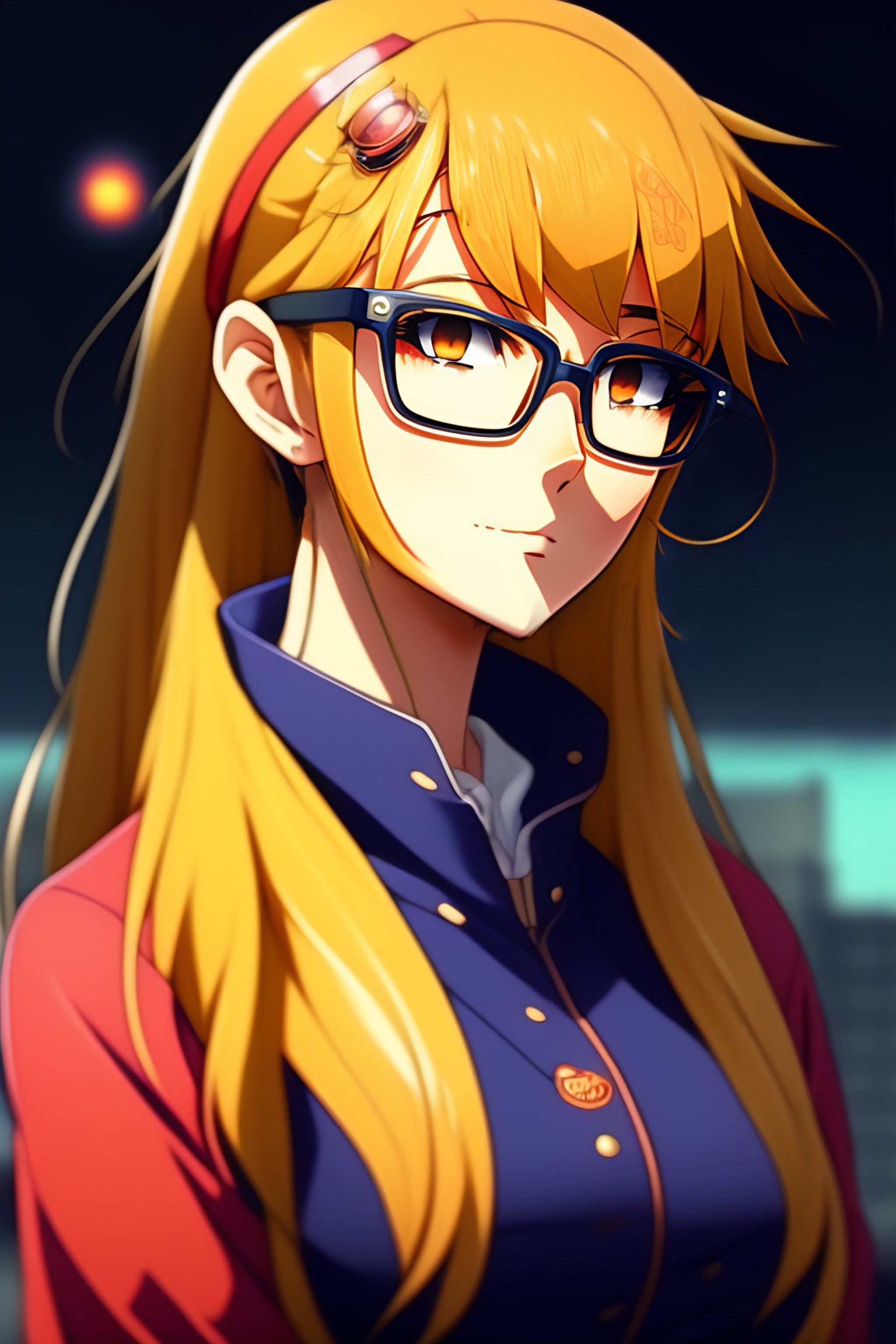 Lexica A blonde girl with glasses leaning forward, anime style, anime