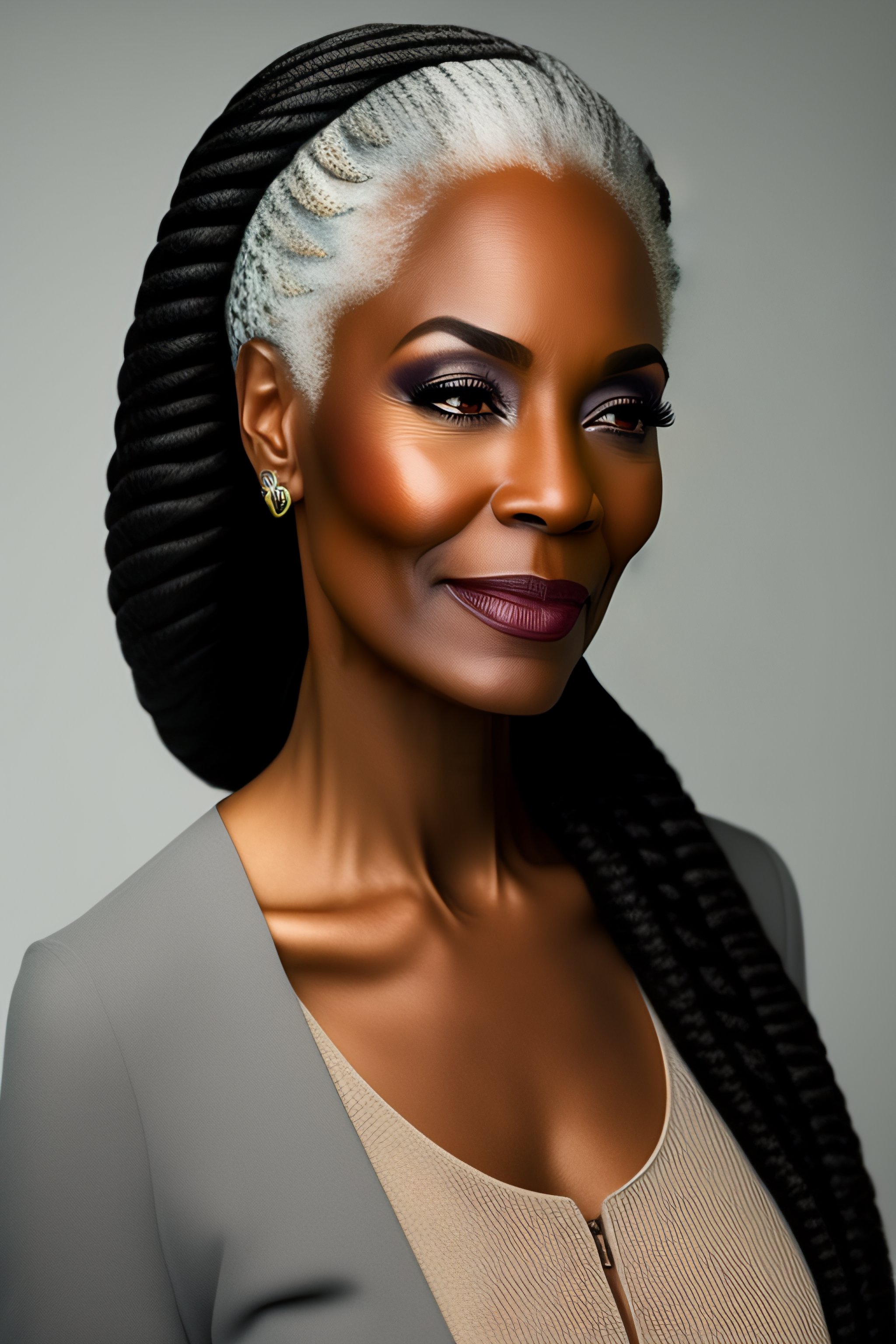 Lexica Femal, gray hair, thin, gray skin, long braids