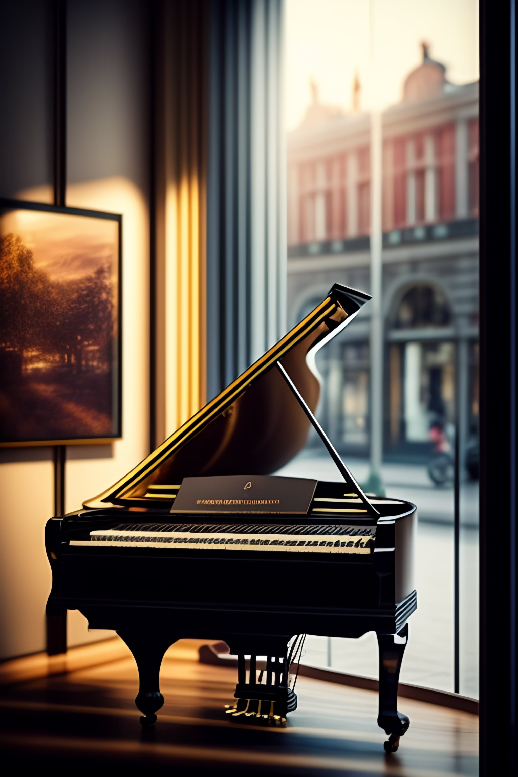 Lexica - Grand piano for sale in window of piano shop looking in from ...