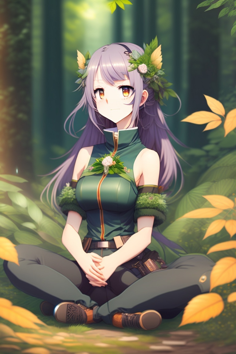 Lexica - Anime-girl in clothes made of leaves on her nipples, on the Forest  sitting on knees,