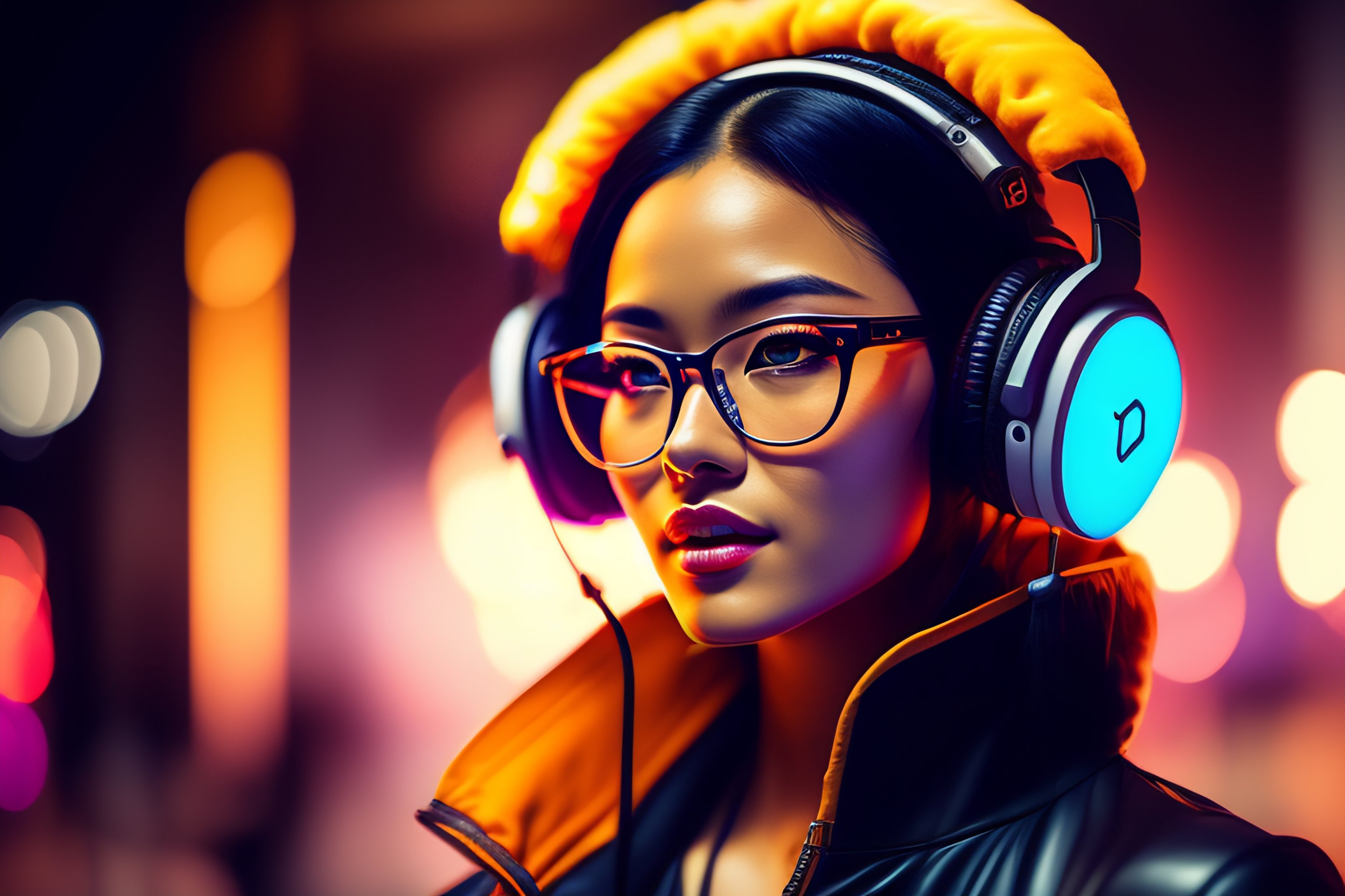 Lexica - Fantasy anime woman with glasses listen techno music headphones in  the night dystopic