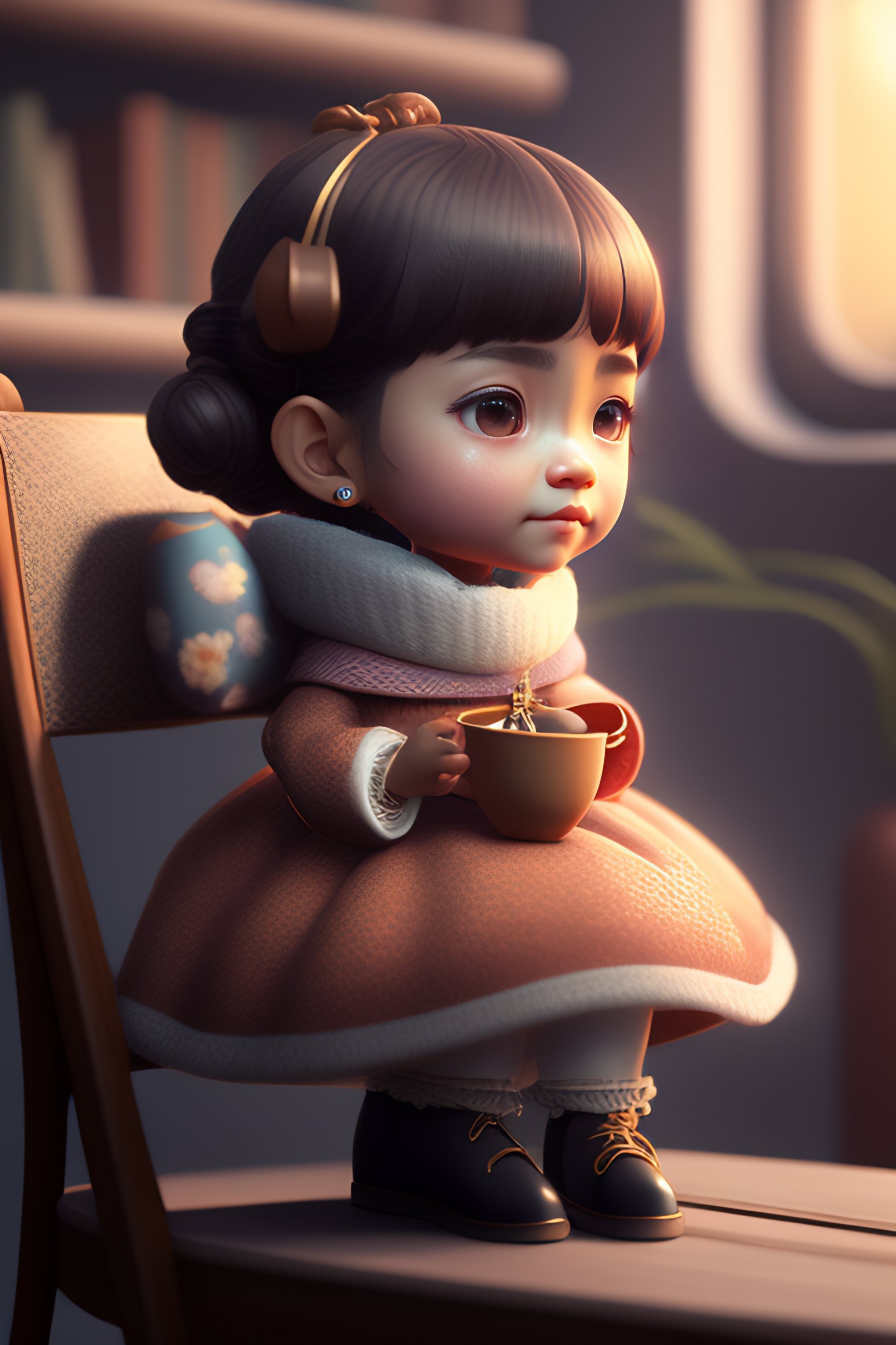 Lexica - Cute small humanoid Woman Woman sitting on a chair, unreal ...